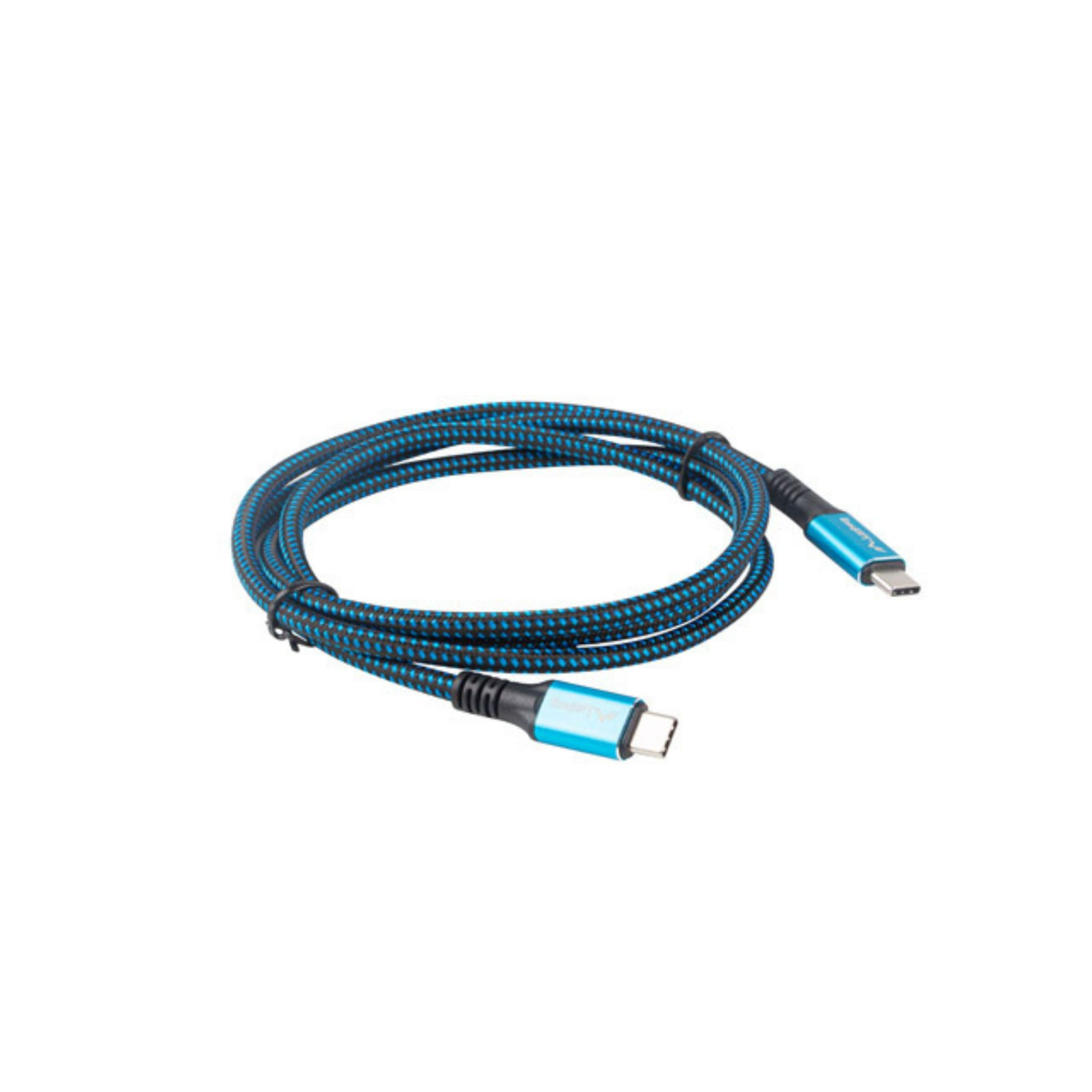 Cable USB-C trenzado, negro y azul. Conectores azules en ambos extremos. Sobre fondo blanco.