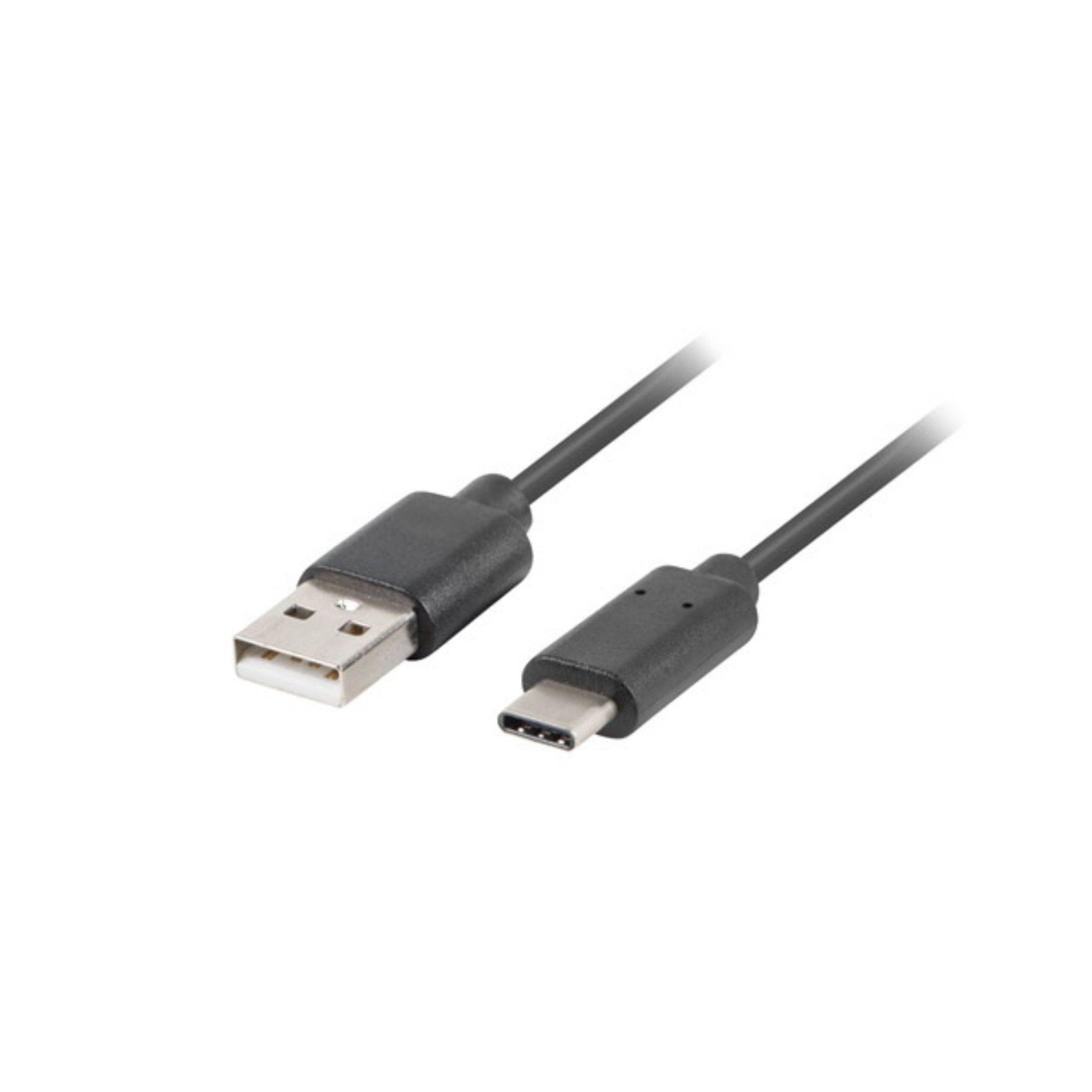 Czarny kabel USB-A do USB-C, ze złączami na białej powierzchni.