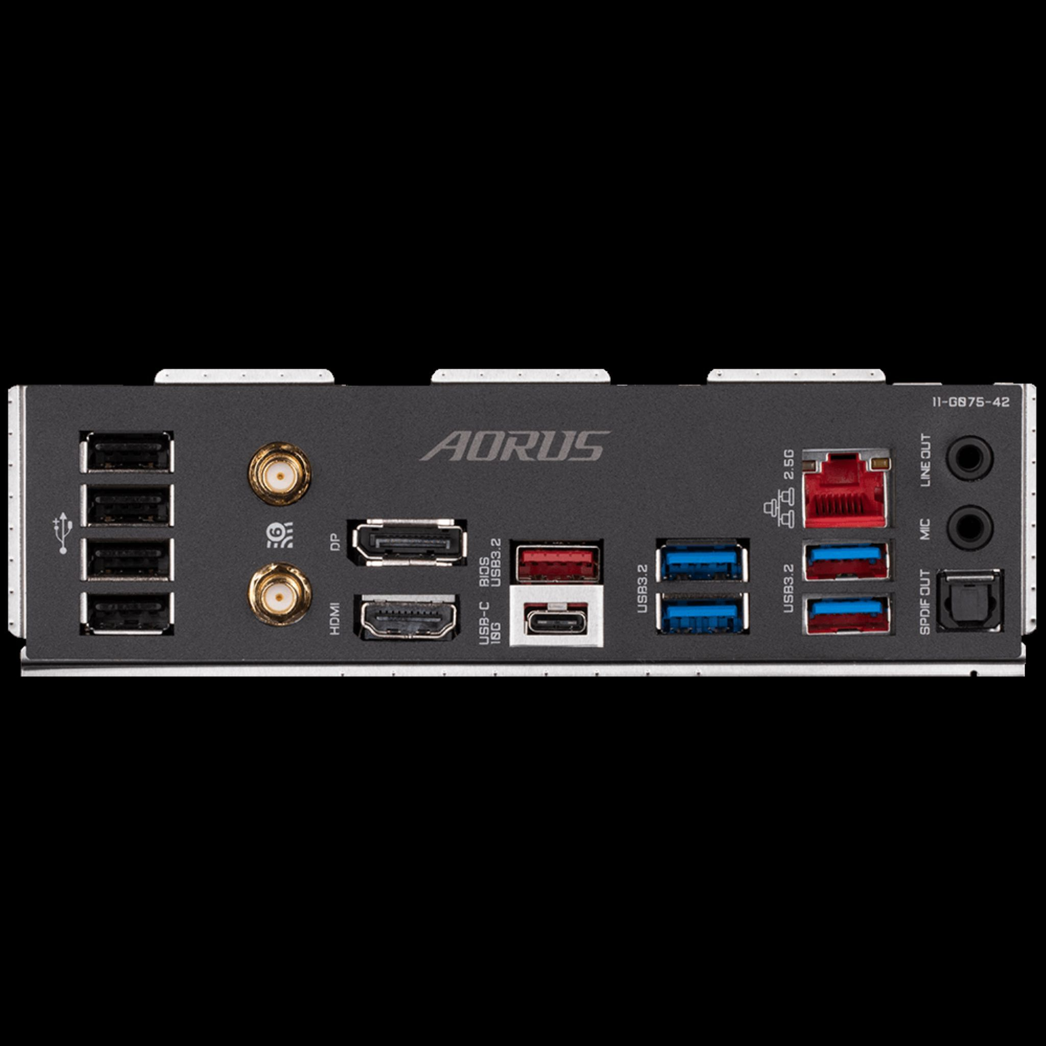 Panel tylny płyty głównej z różnymi portami: USB, HDMI, audio i sieć.