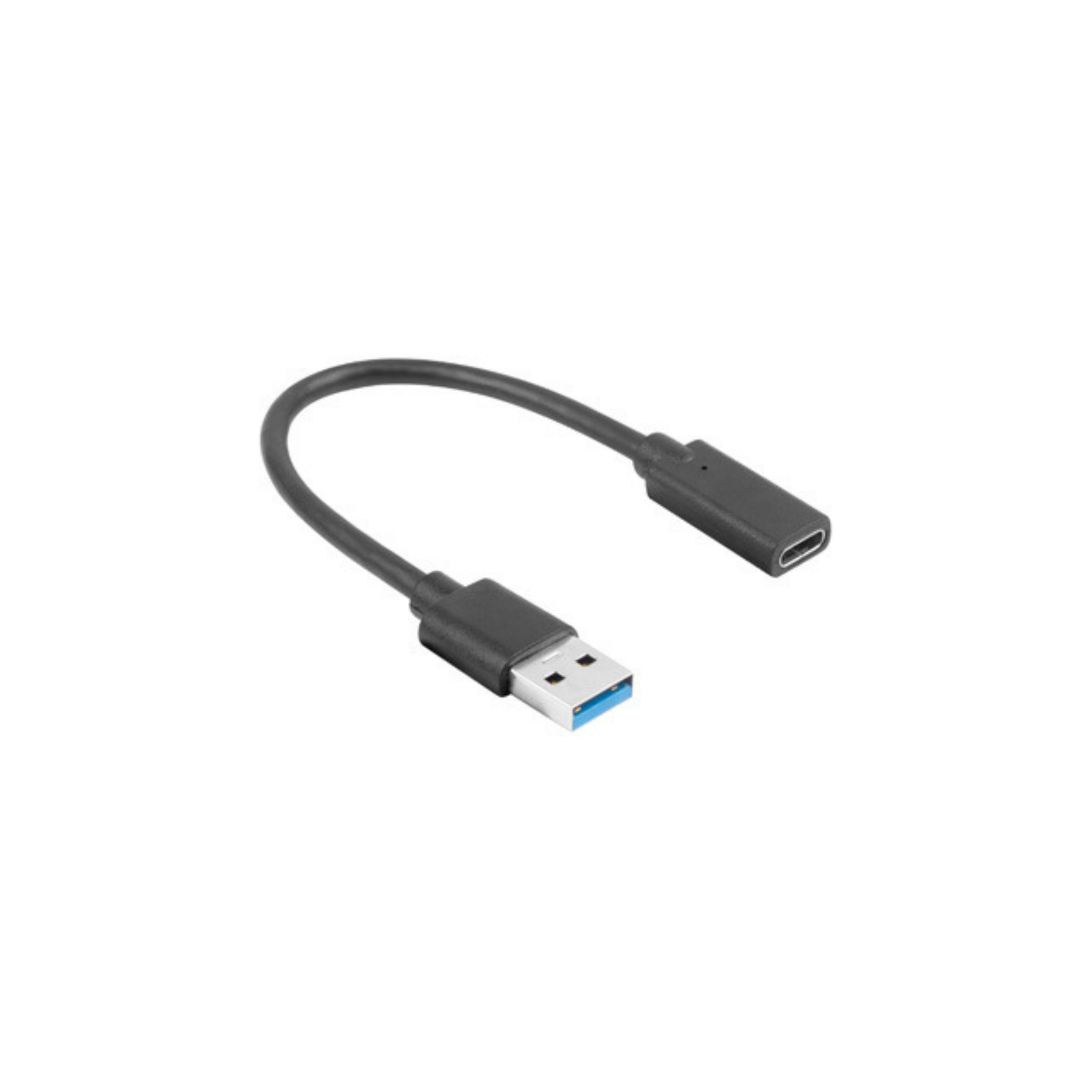 Zwarte USB naar USB-C adapterkabel. USB-A-uiteinde is zichtbaar, USB-C niet.