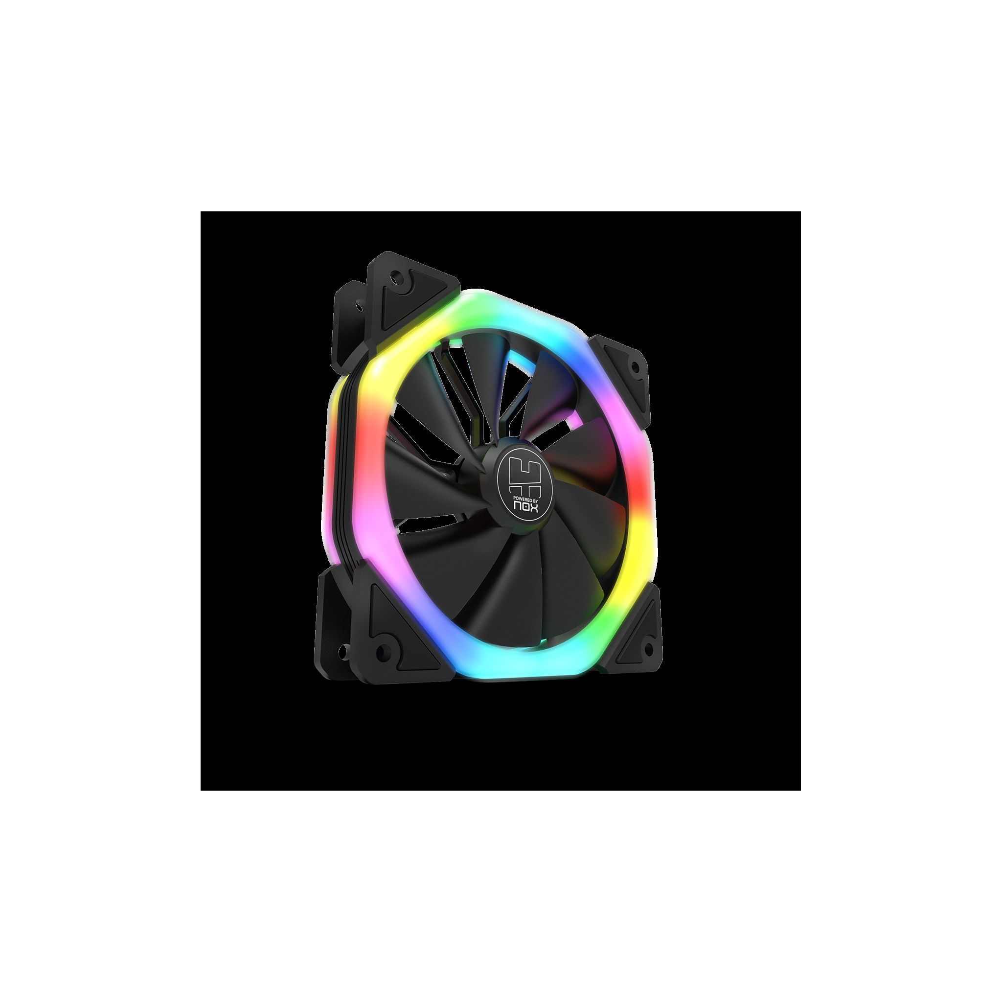 Un ventilador negro con un anillo LED multicolor. El ventilador es negro con un logotipo de marca en el centro.