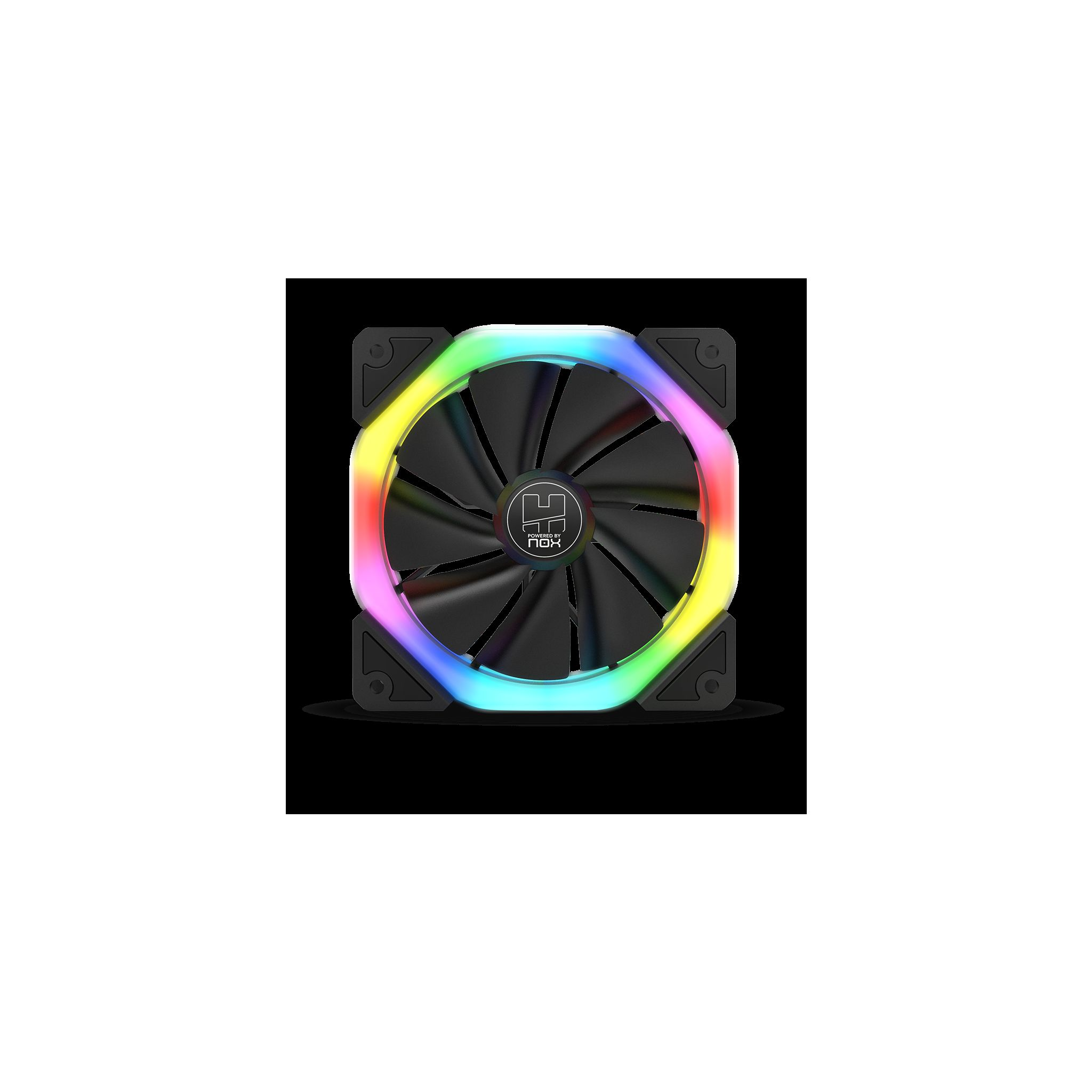 Ventilador de ordenador negro con luces LED RGB y forma hexagonal. Fondo negro.