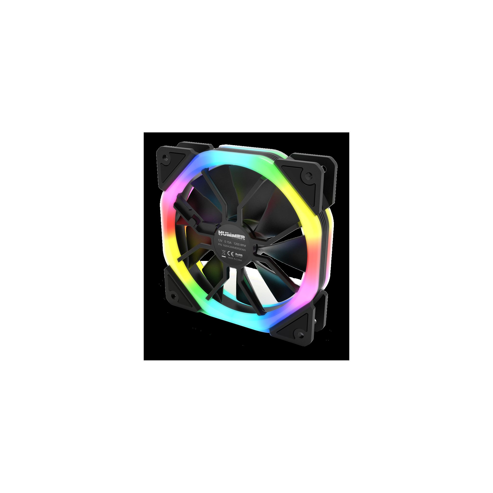 Un ventilador de computadora con luces RGB coloridas en los bordes.