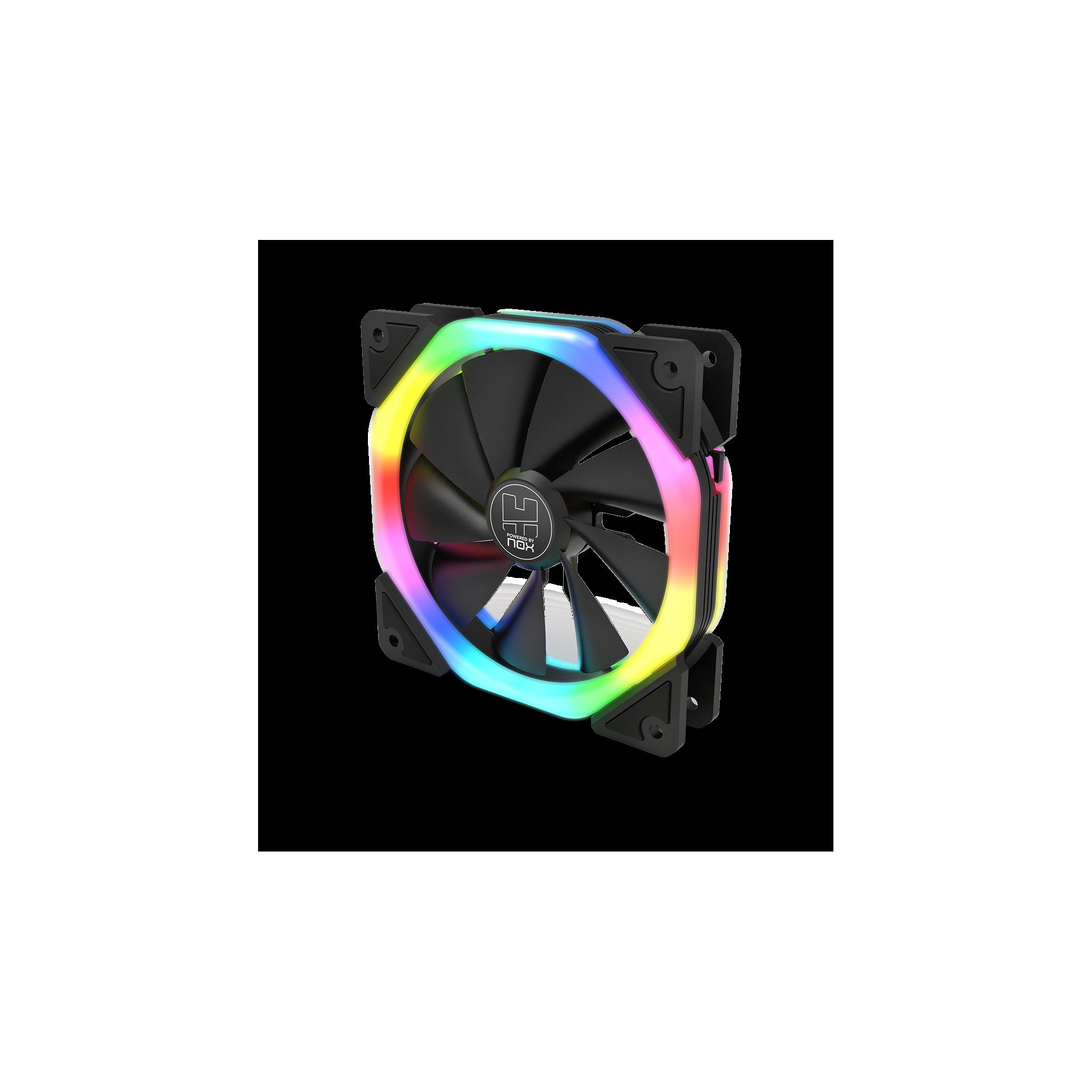 Ventilador de PC negro con iluminación RGB. Marco negro con luces de colores. Fondo negro.