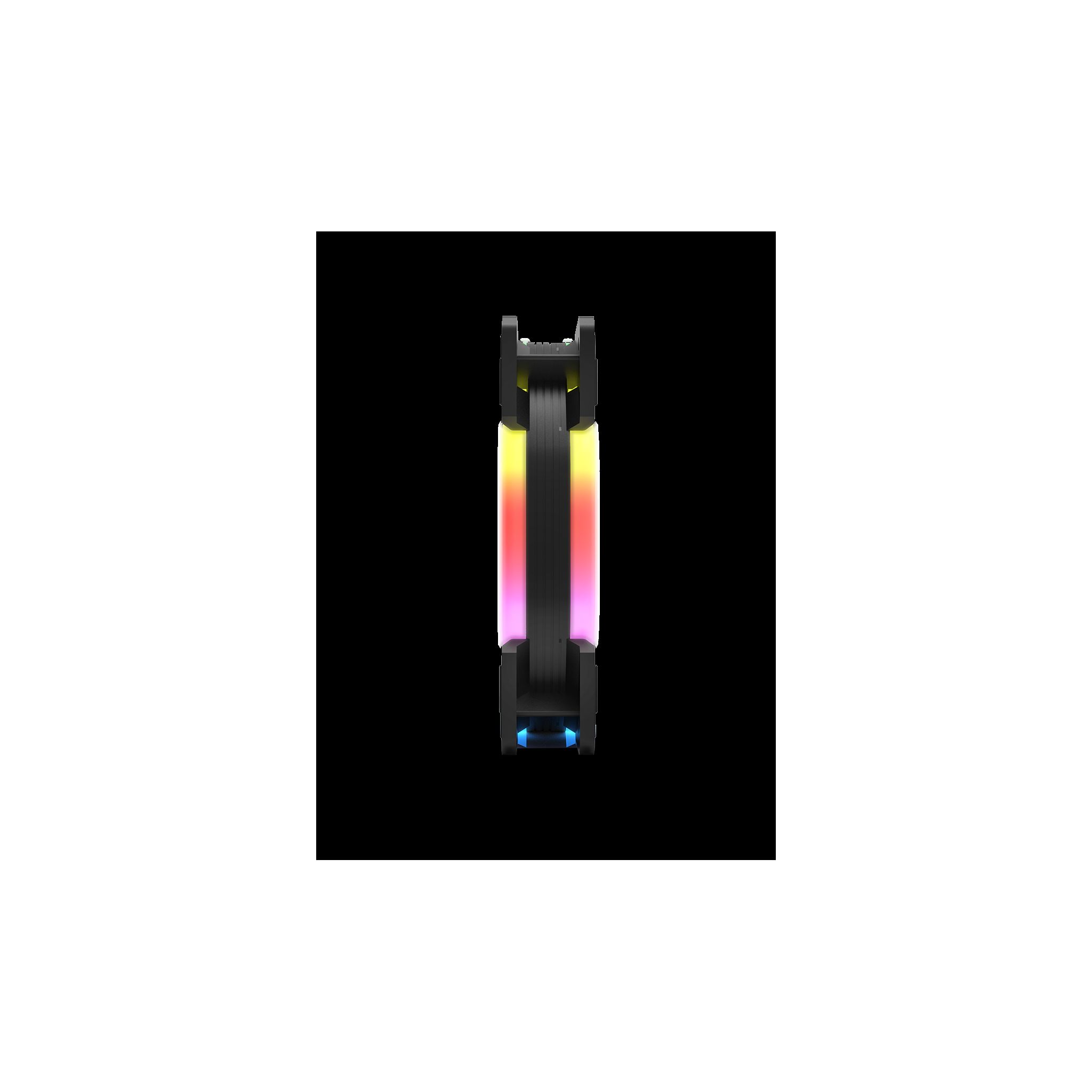 Ventilador de caja RGB con múltiples colores, marco negro.
