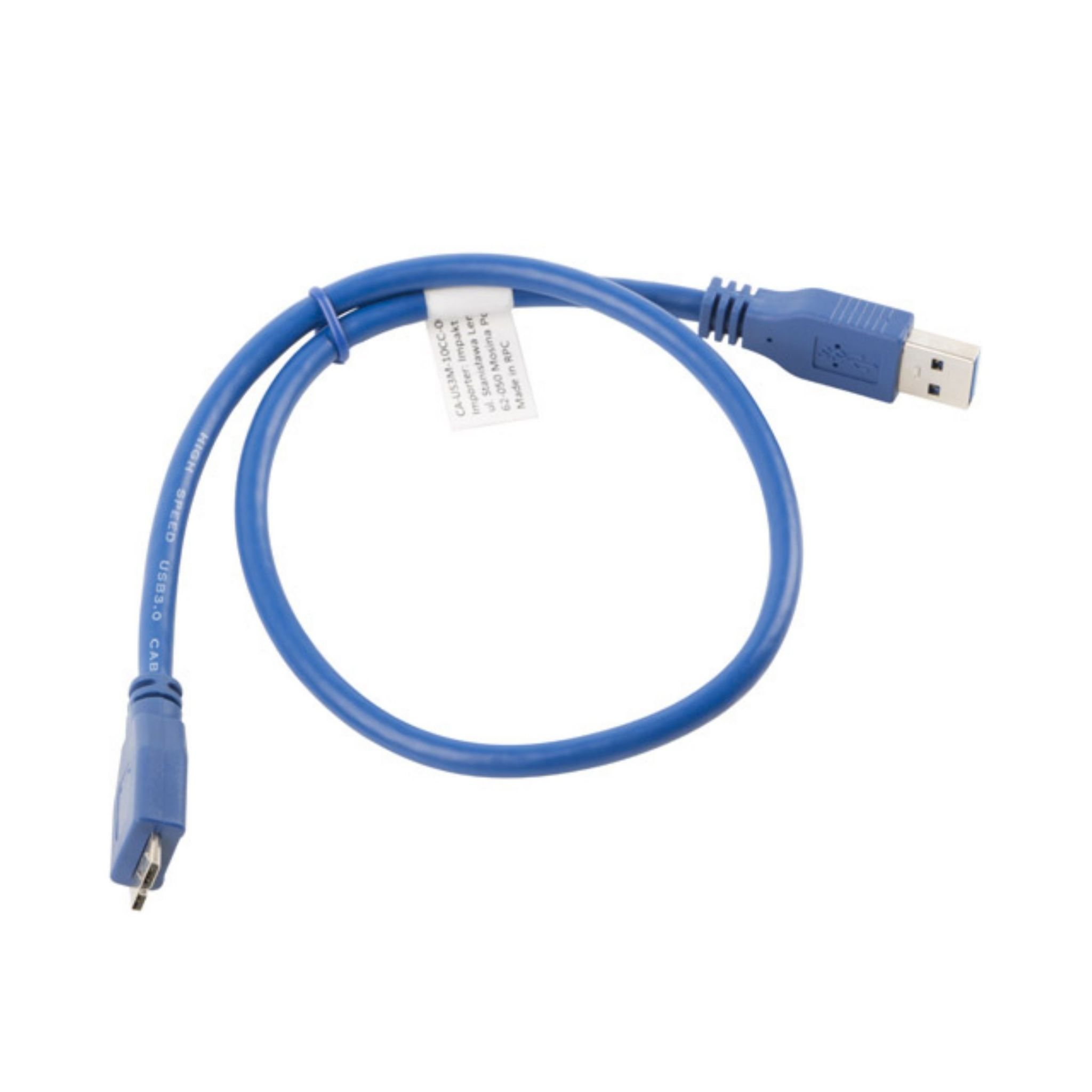 Cavo USB 3.0 blu. Un'estremità è USB-A, l'altra micro-B. Il cavo è arrotolato.