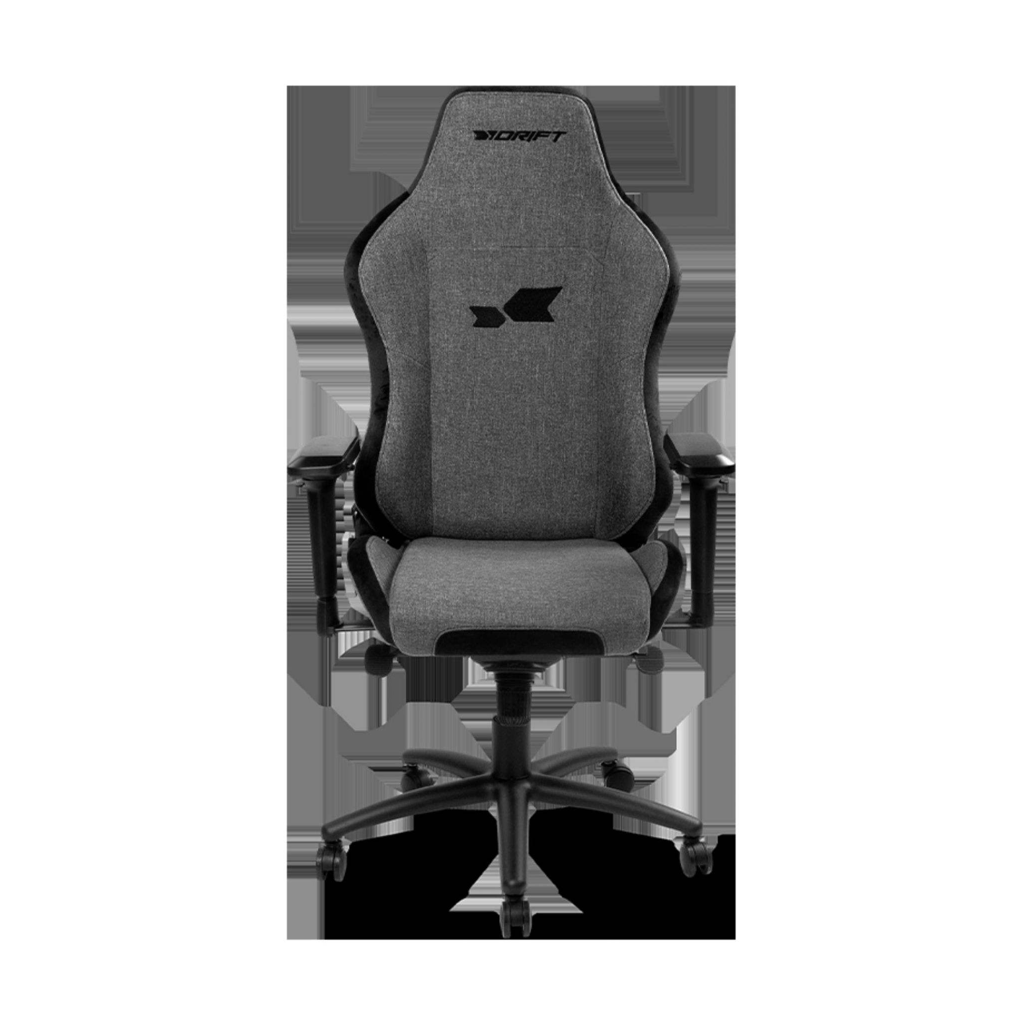 Ein schwarzer und grauer Drift-Gaming-Stuhl. Er hat eine Kopfstütze mit dem Drift-Logo und schwarze Armlehnen und Rollen.