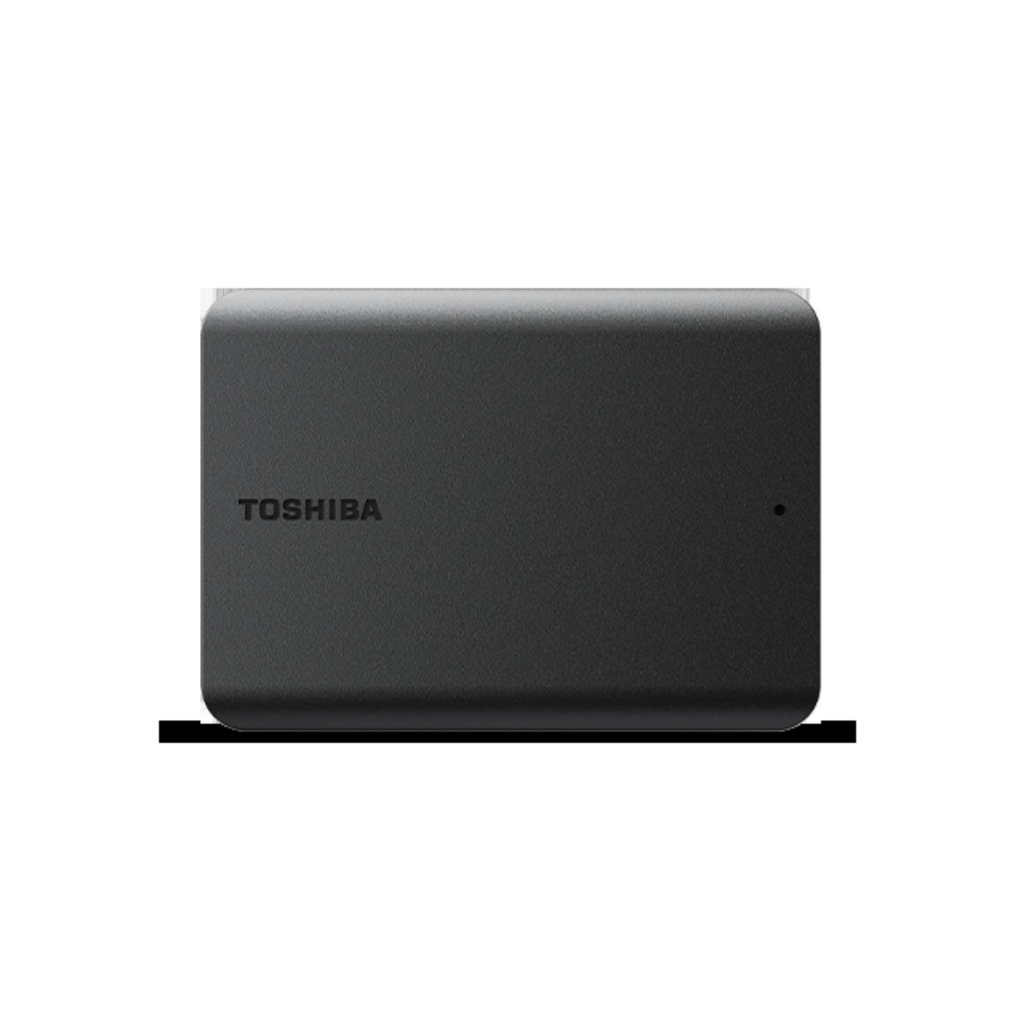 Disque dur externe Toshiba noir. Le disque est rectangulaire avec le logo Toshiba.