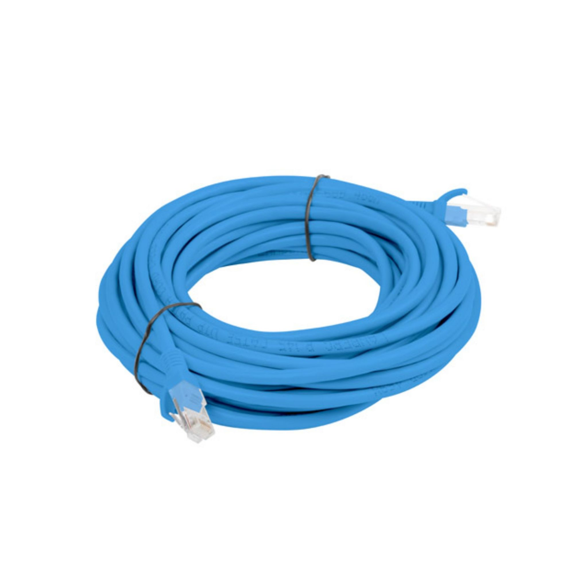 Blauwe Ethernet-kabel opgerold, met witte achtergrond.