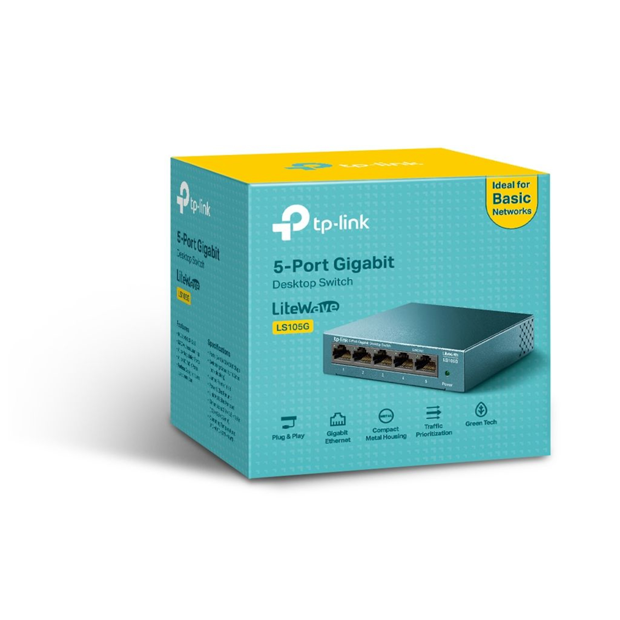 Białe i jasnoniebieskie pudełko TP-Link 5-Port Gigabit Desktop Switch, widok z przodu i z boku.