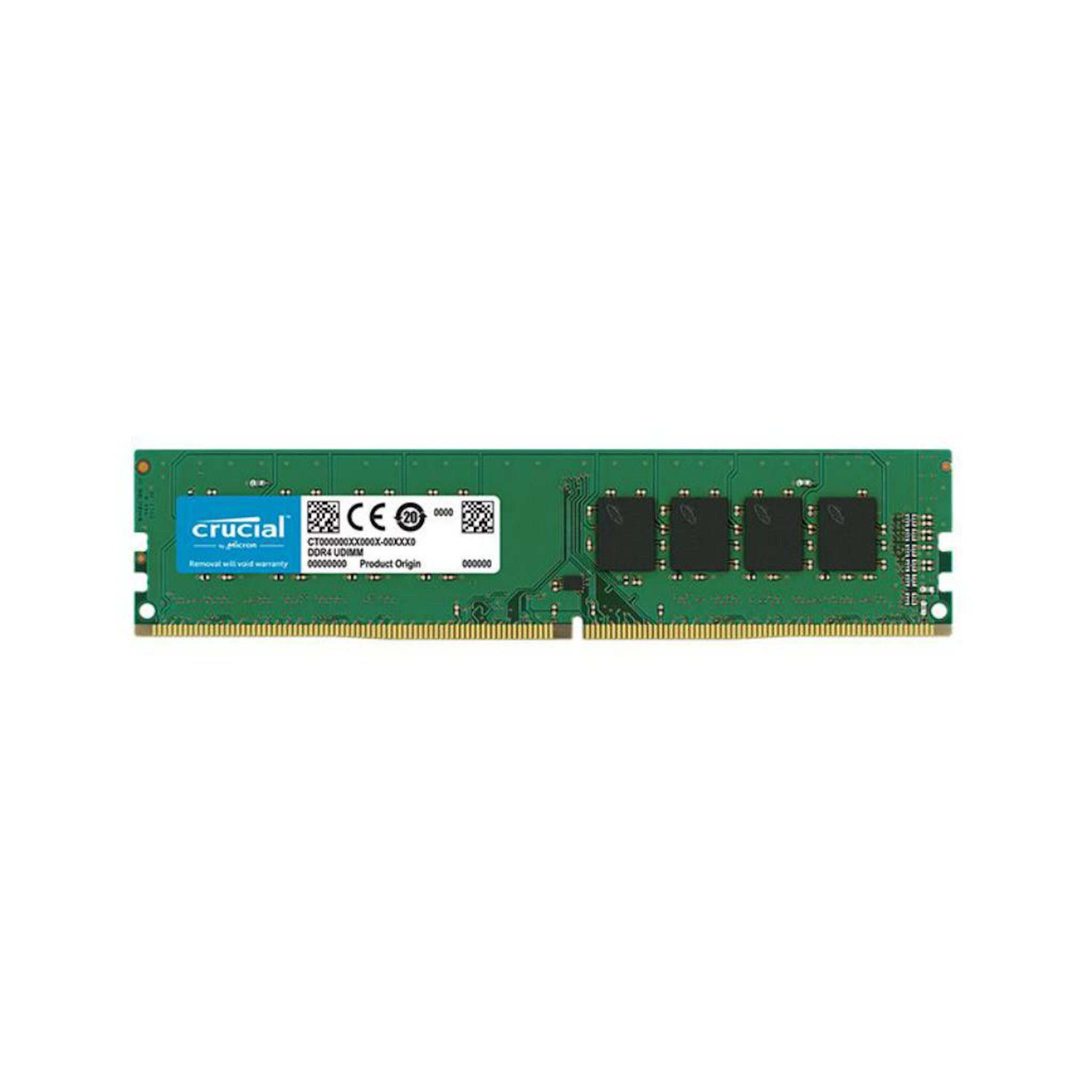 Yeşil PCB'li RAM çubuğu, Crucial logosu ve çipler.