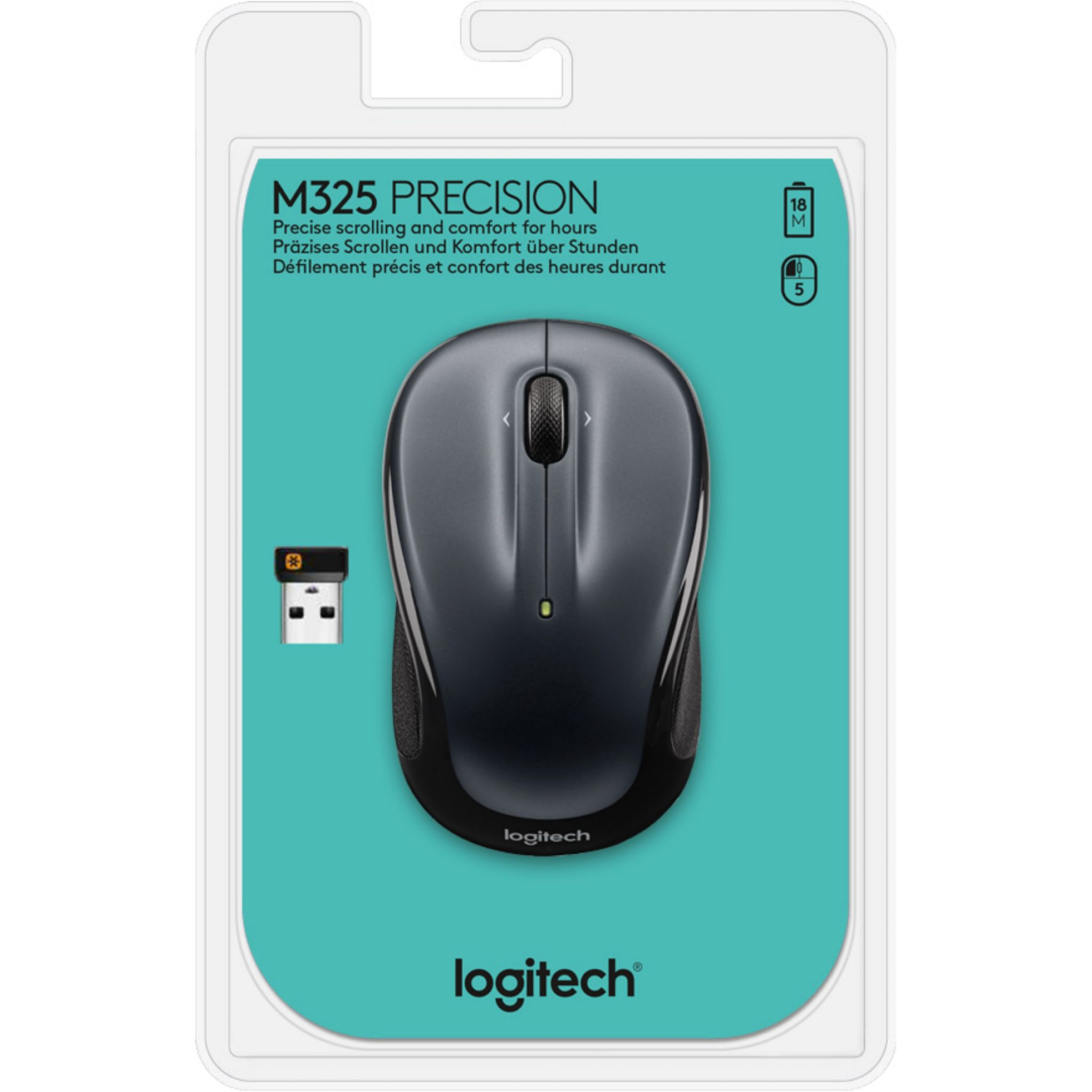 Maus in Verpackung. Dunkelgraues, schwarzes und weißes Farbschema. Marke Logitech.