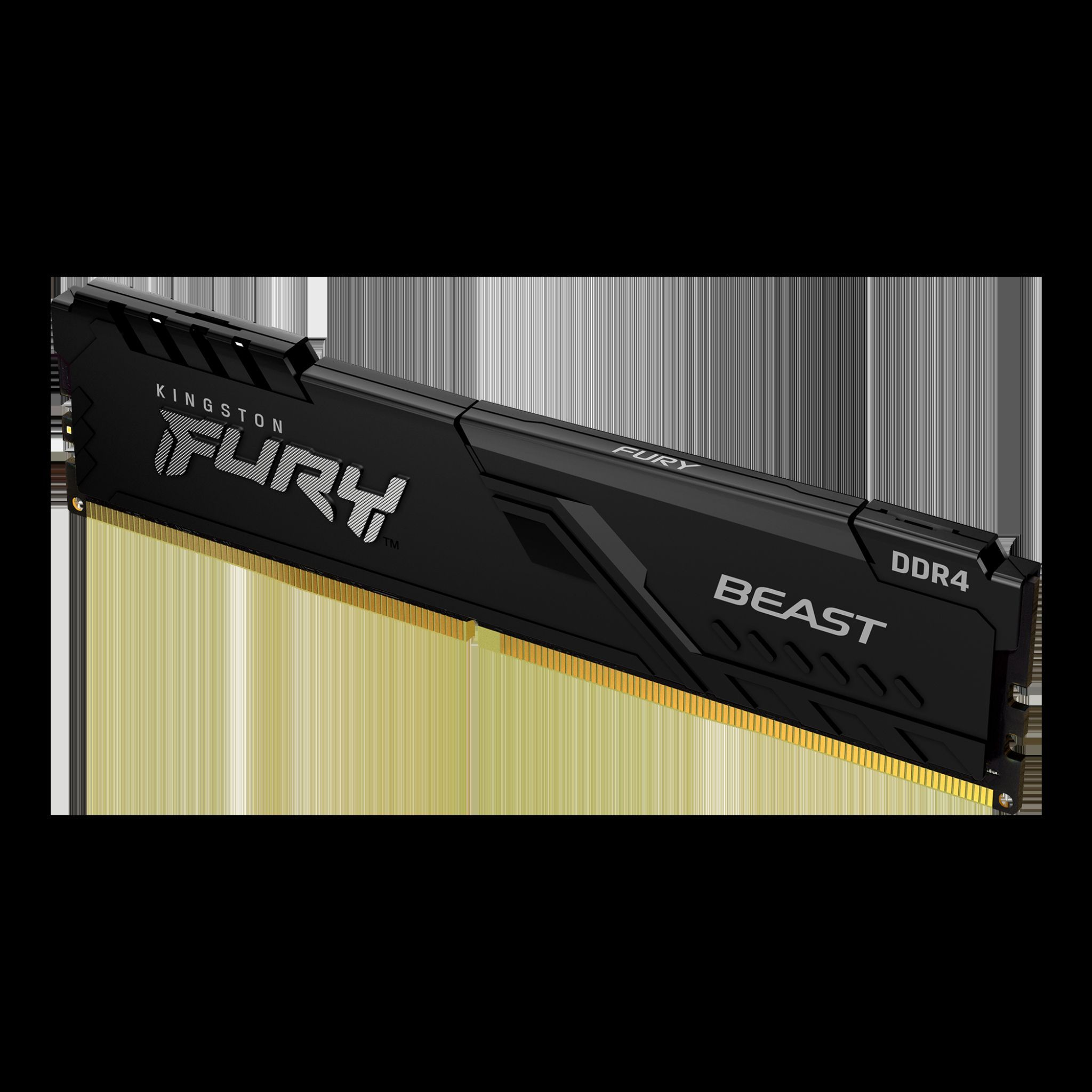 Een zwarte Kingston Fury Beast DDR4 RAM-stick. Het heeft gouden connectoren en witte tekst met FURY en BEAST.