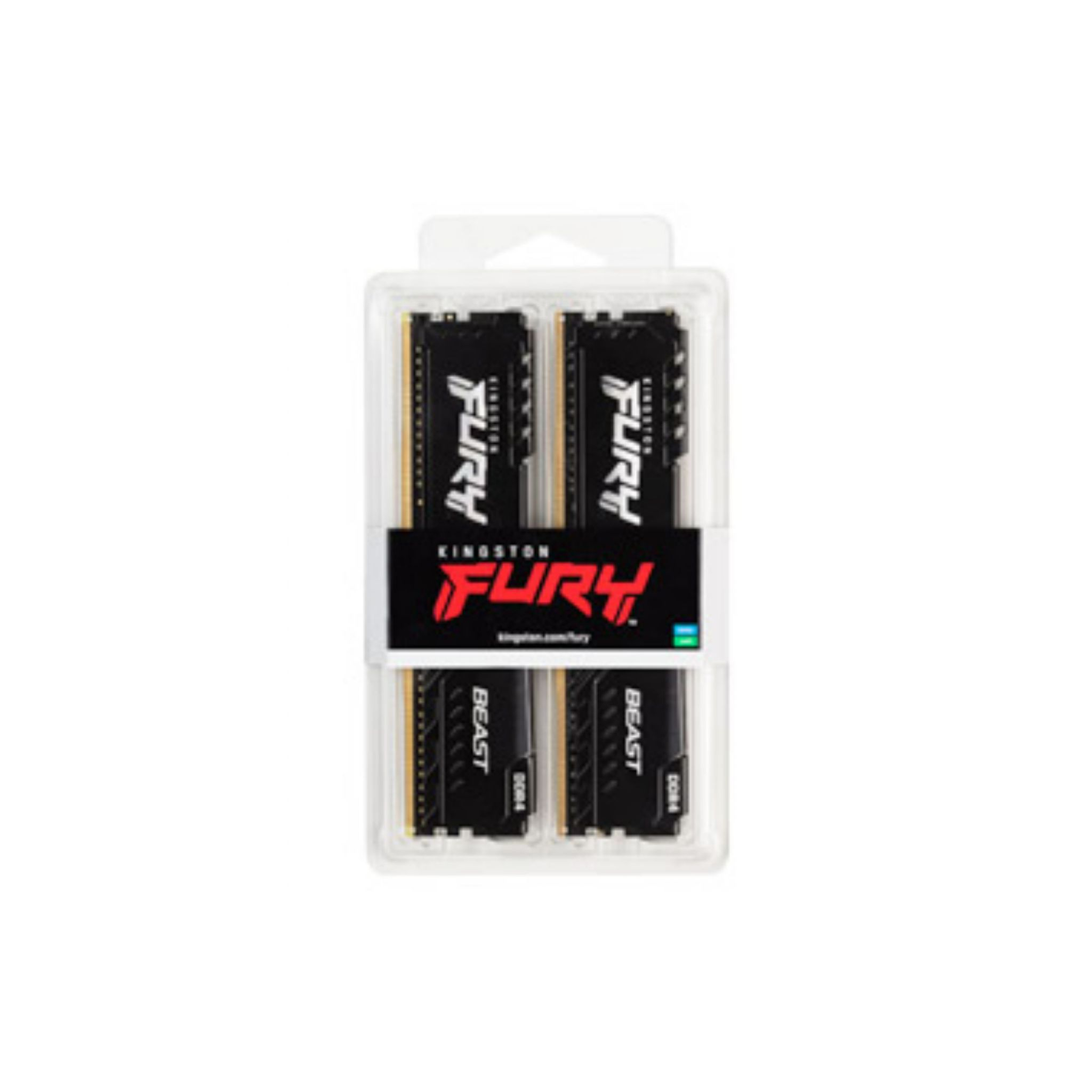 Twee RAM-sticks in een doorzichtige plastic verpakking, Kingston FURY.