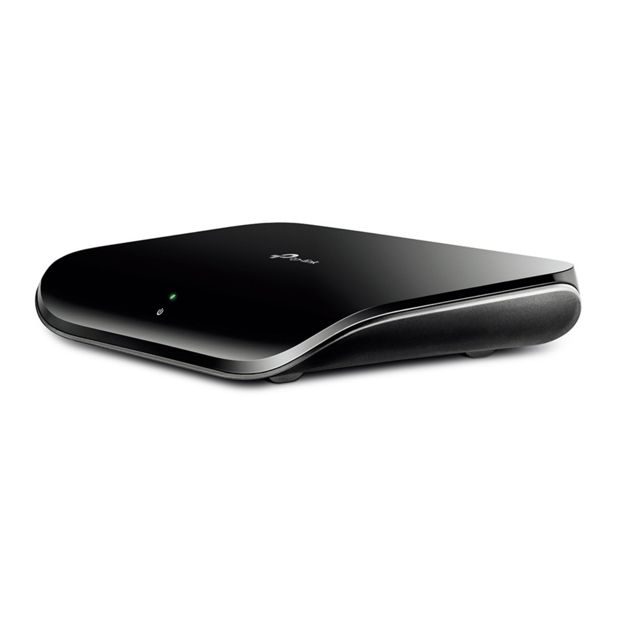Appareil électronique noir avec une lumière verte. Il est sur une surface blanche.