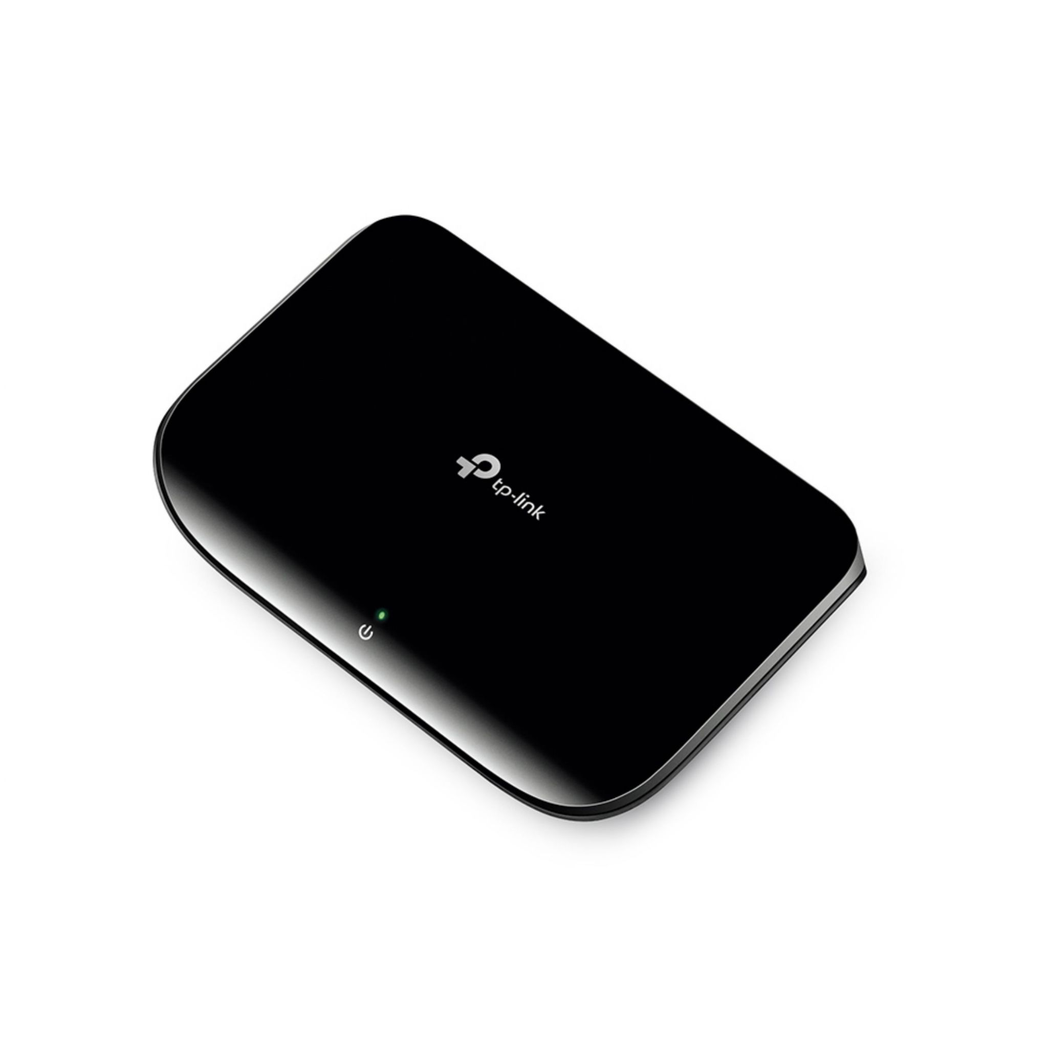 Appareil tp-link noir. Il a une lumière et une petite forme rectangulaire.