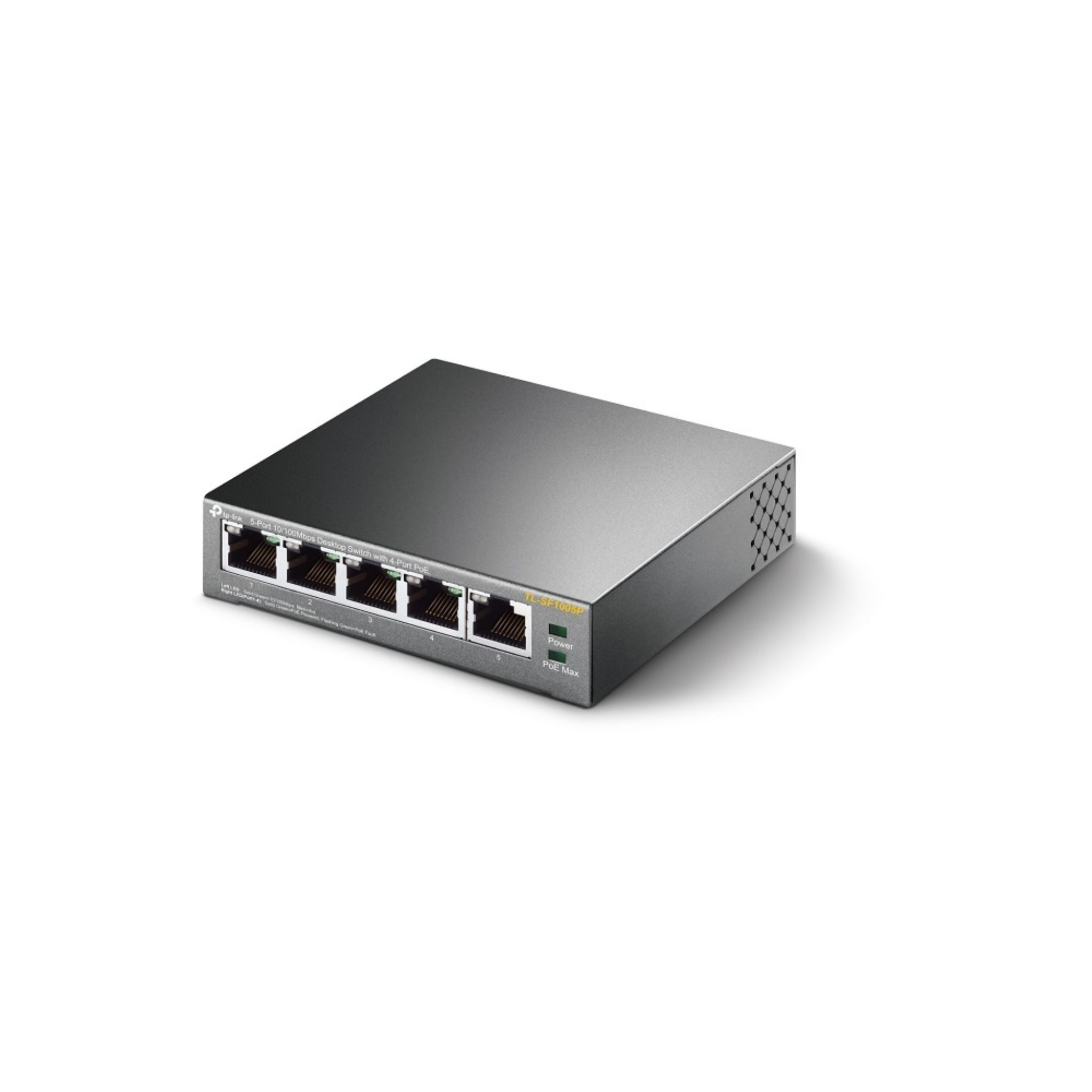 Zwarte TP-Link 5-poorts gigabit netwerkswitch met stroom- en PoE-poorten.