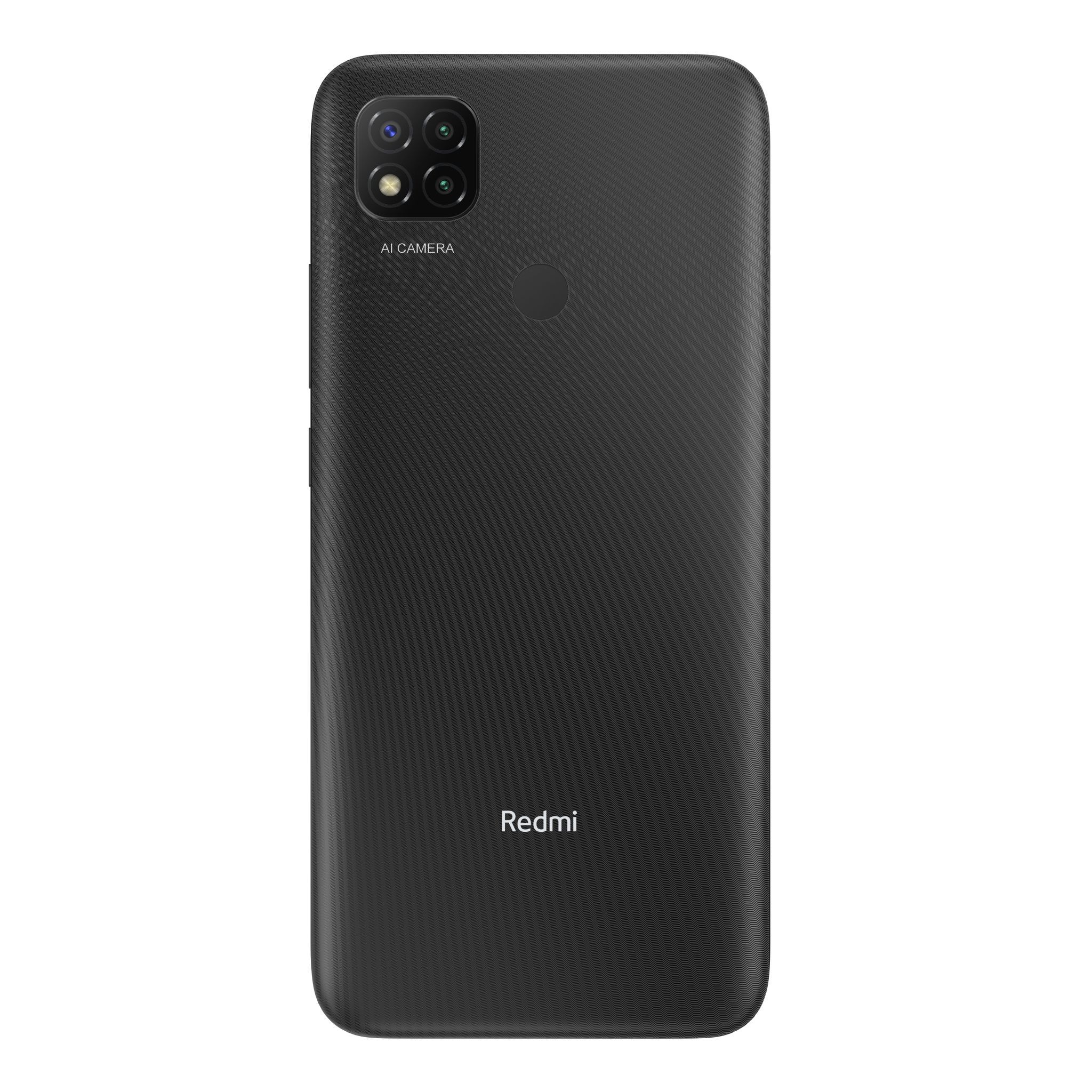 Telefono Redmi nero con fotocamera e marchio. Sfondo grigio.