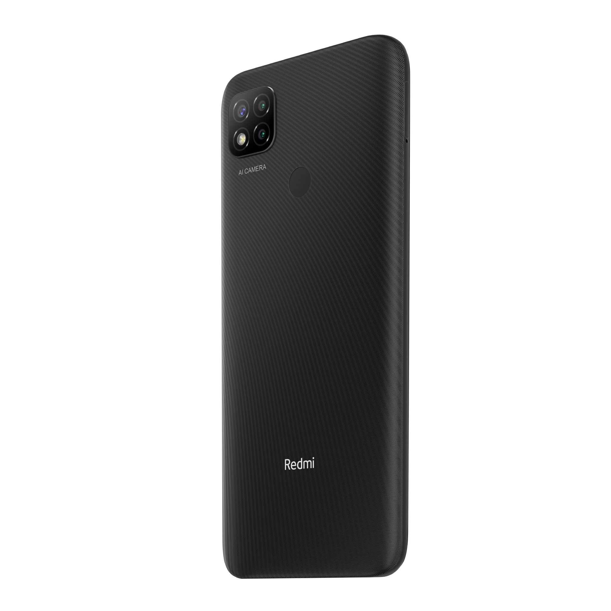 Vista posteriore di smartphone nero. Ha fotocamera, lente e marchio Redmi.
