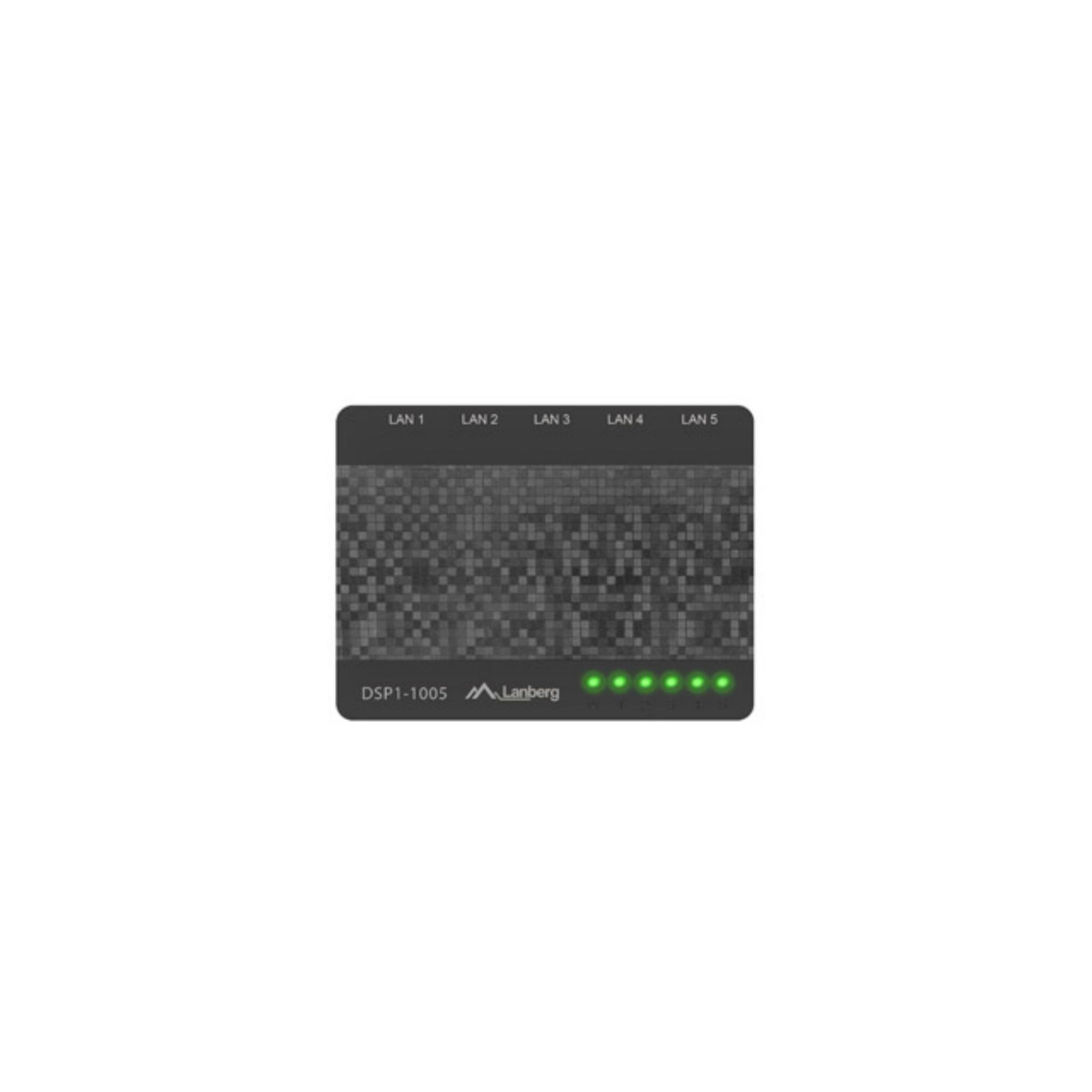 Czarny przełącznik sieciowy z pięcioma portami LAN. Świeci się siedem zielonych lampek, wskazując aktywność.