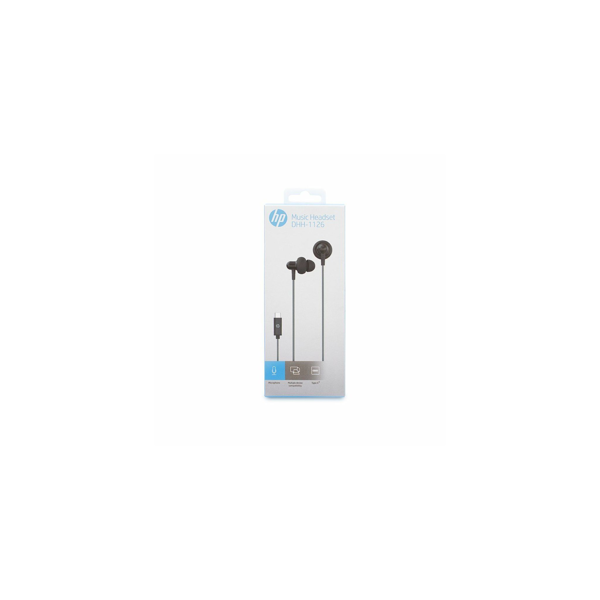 Caja blanca con auriculares HP. La caja muestra una foto de los auriculares.