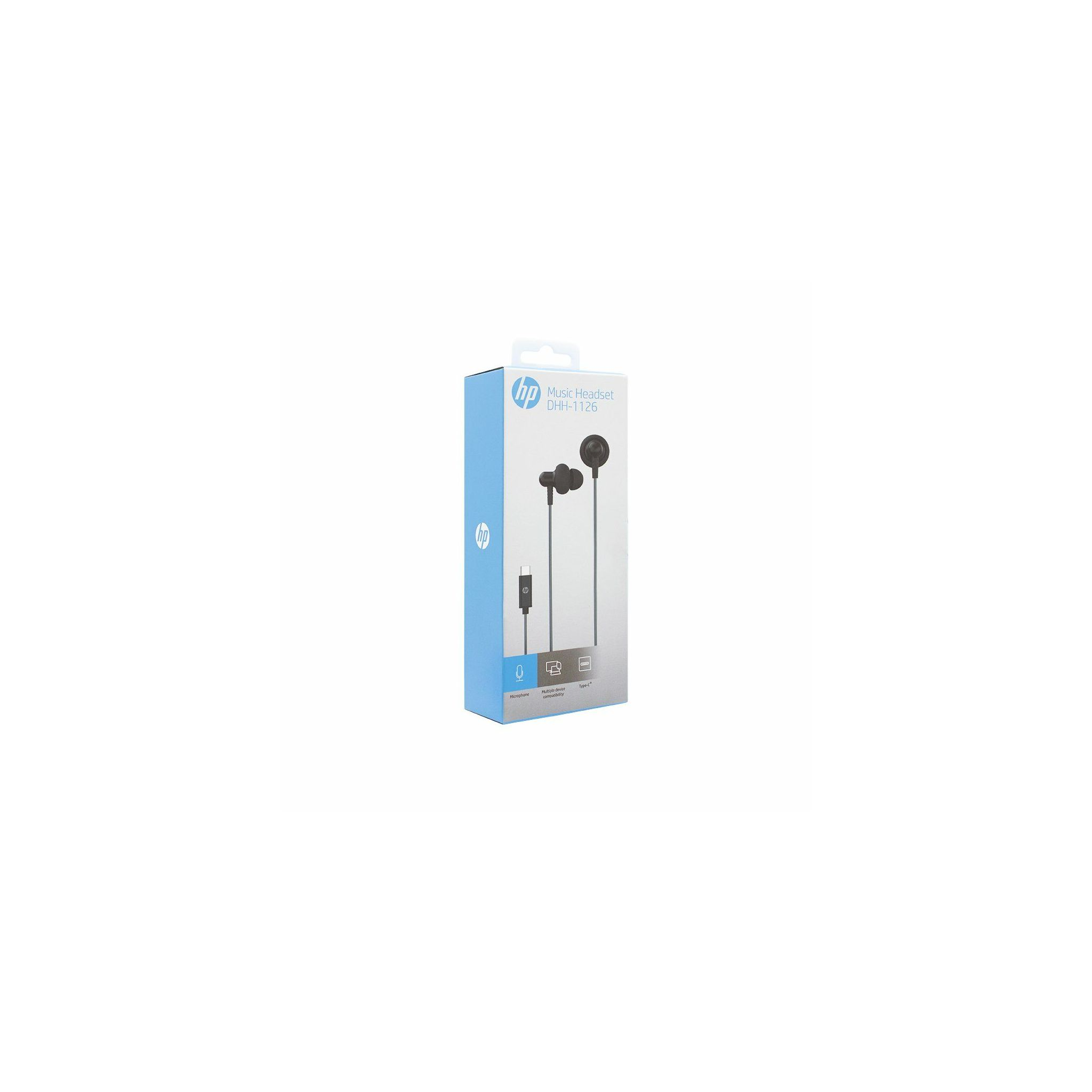 Auriculares HP en una caja. La caja tiene fondo blanco. Los auriculares son negros.