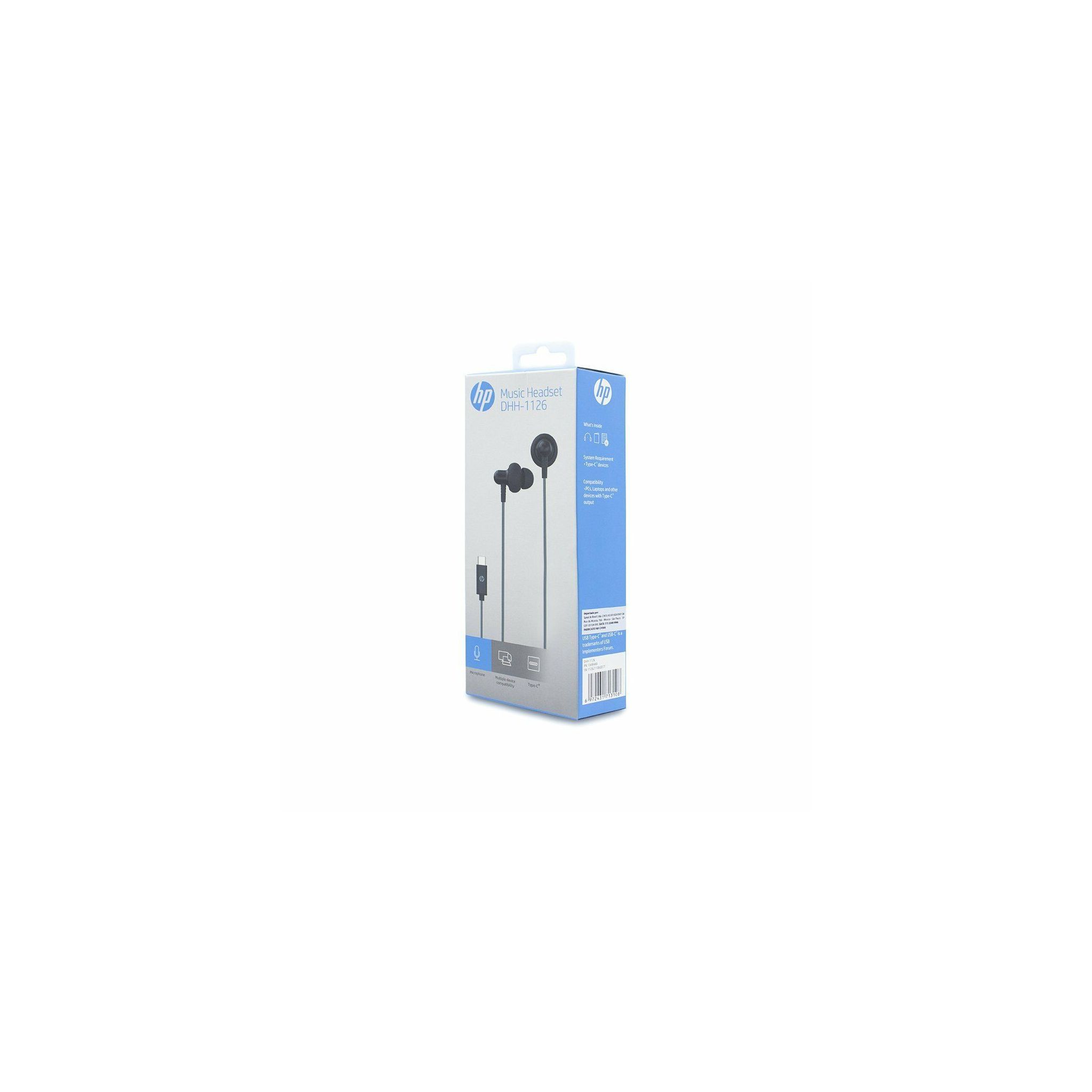 Un auricular de música HP en caja. La caja es azul y blanca. El auricular es negro.