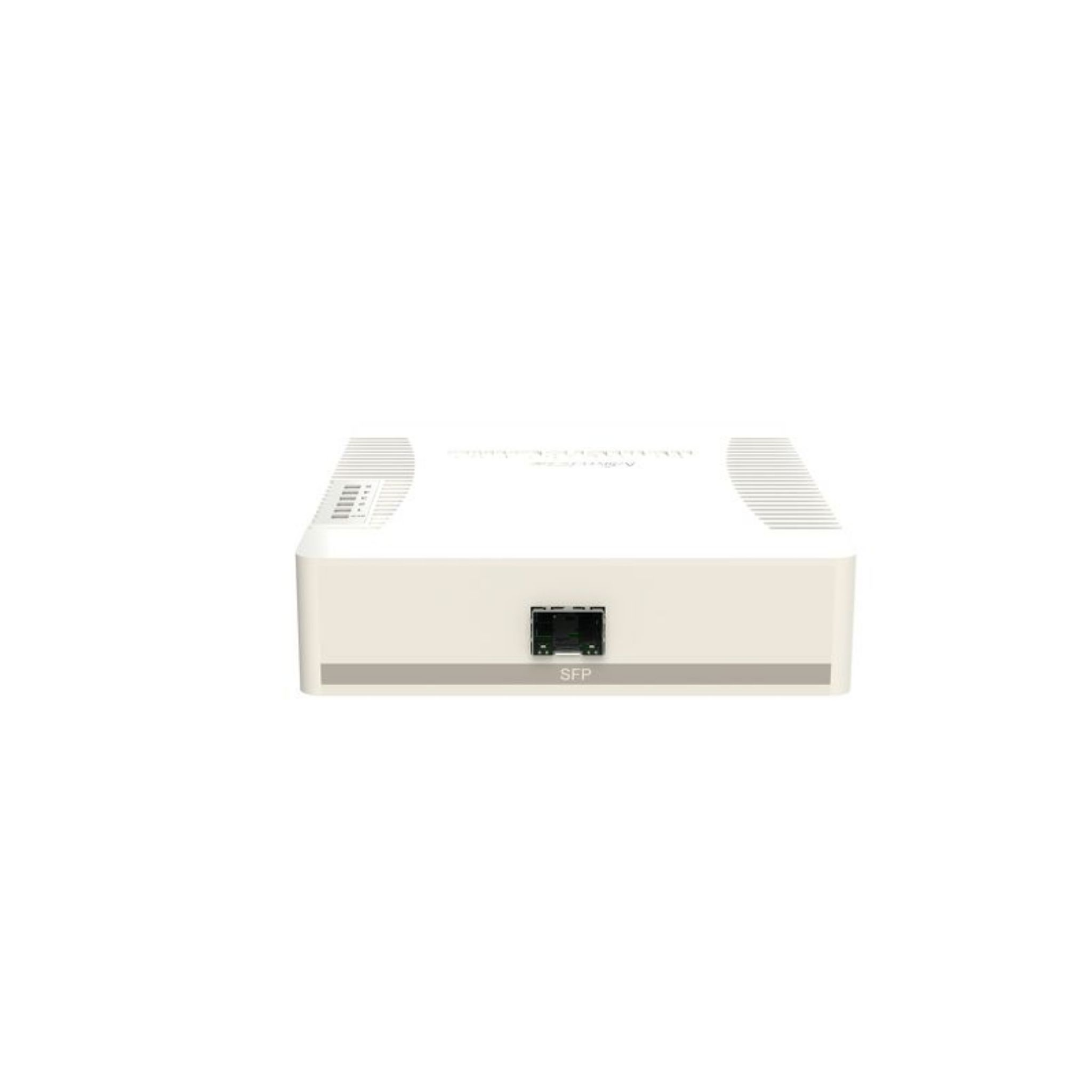 Un enrutador de red blanco con un puerto SFP. Fondo blanco.