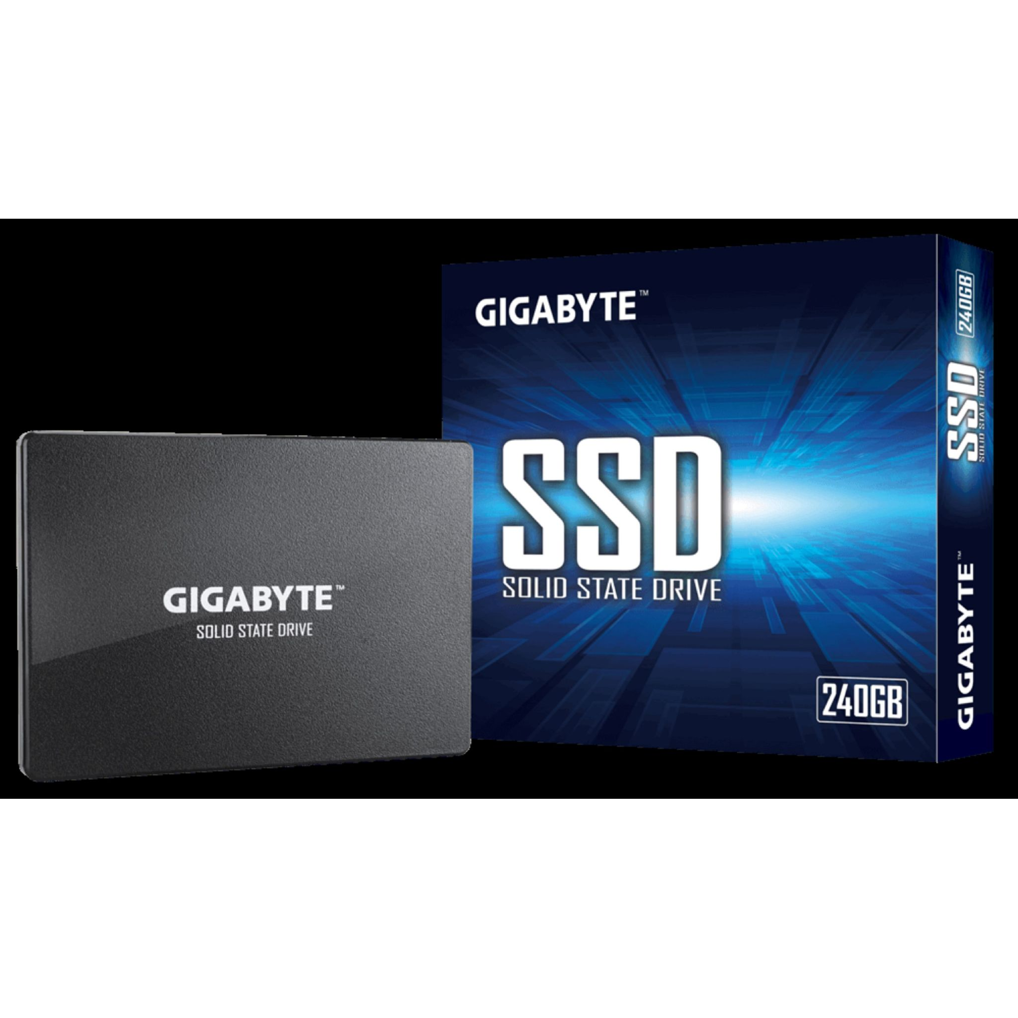 Czarny dysk SSD i pudełko. Na pudełku napis 'SSD Solid State Drive' i 'GIGABYTE'.