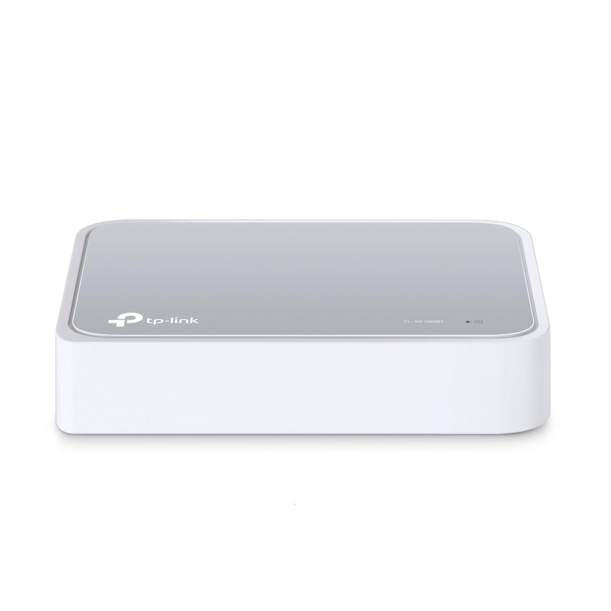 Een witte TP-Link router. De bovenkant is zilverkleurig met een stroom- en verbindingslampje.