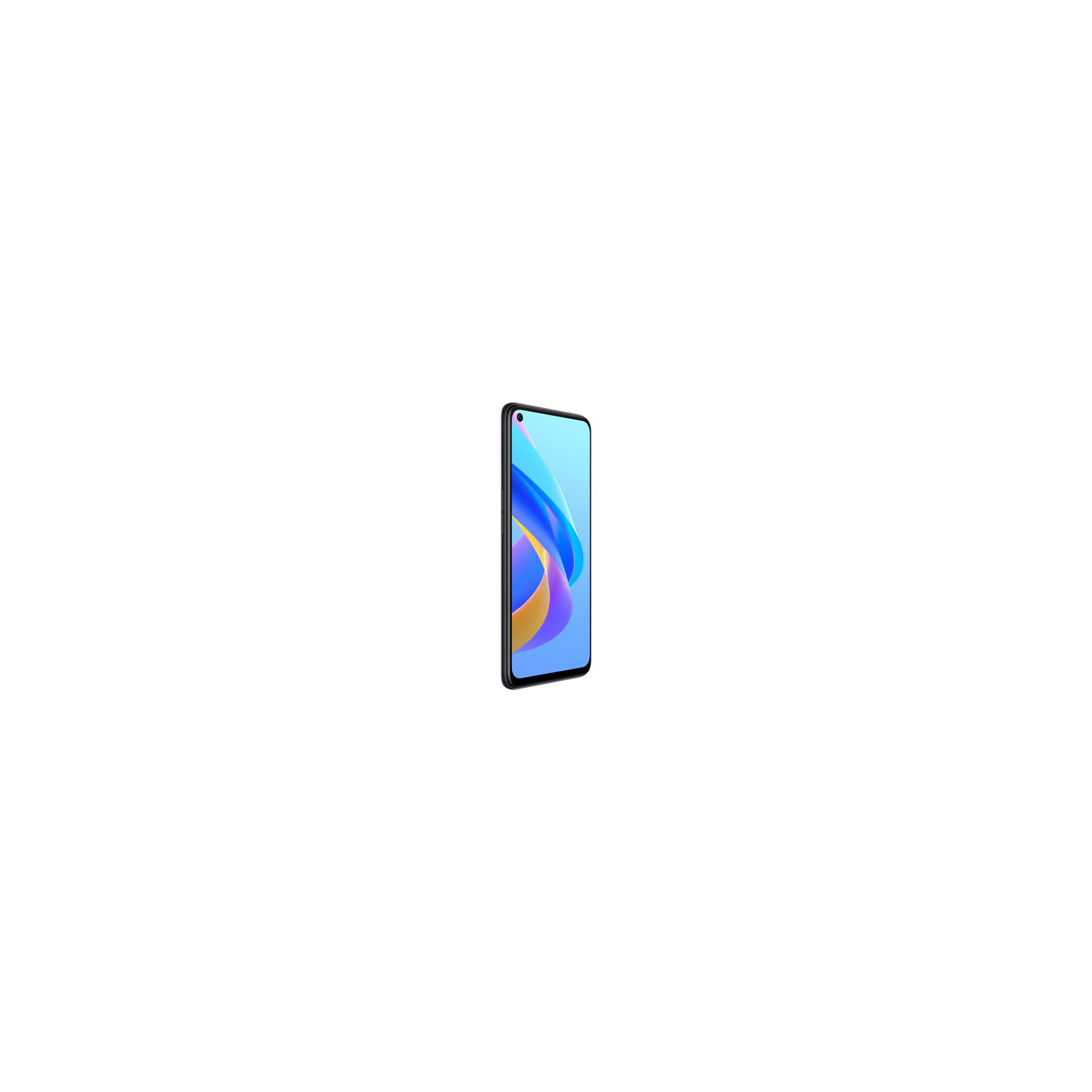 Un smartphone avec un écran bleu et jaune, debout sur fond blanc.