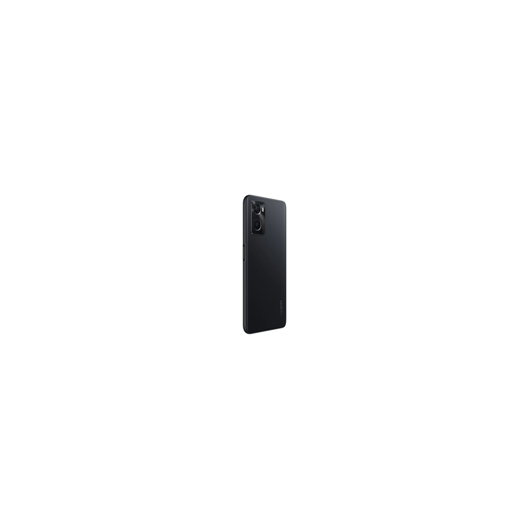 Un smartphone Oppo noir, vu de côté. Le téléphone est debout sur fond blanc. Il possède deux caméras.