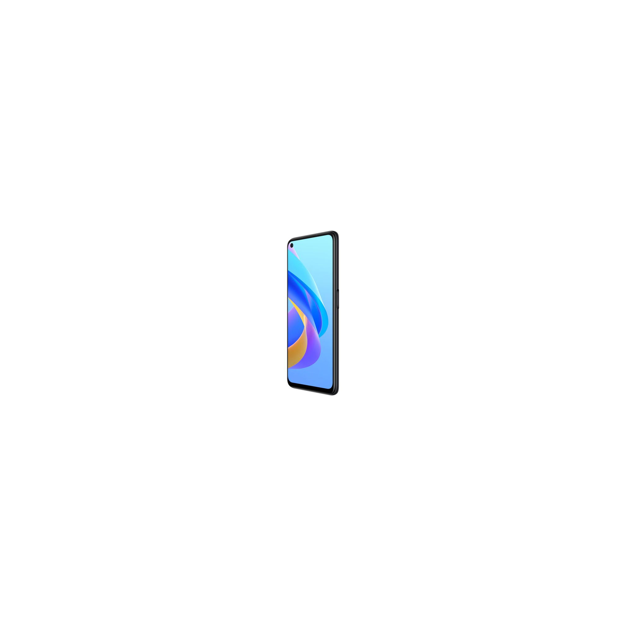 Un smartphone avec écran bleu, cadre noir et fond blanc.