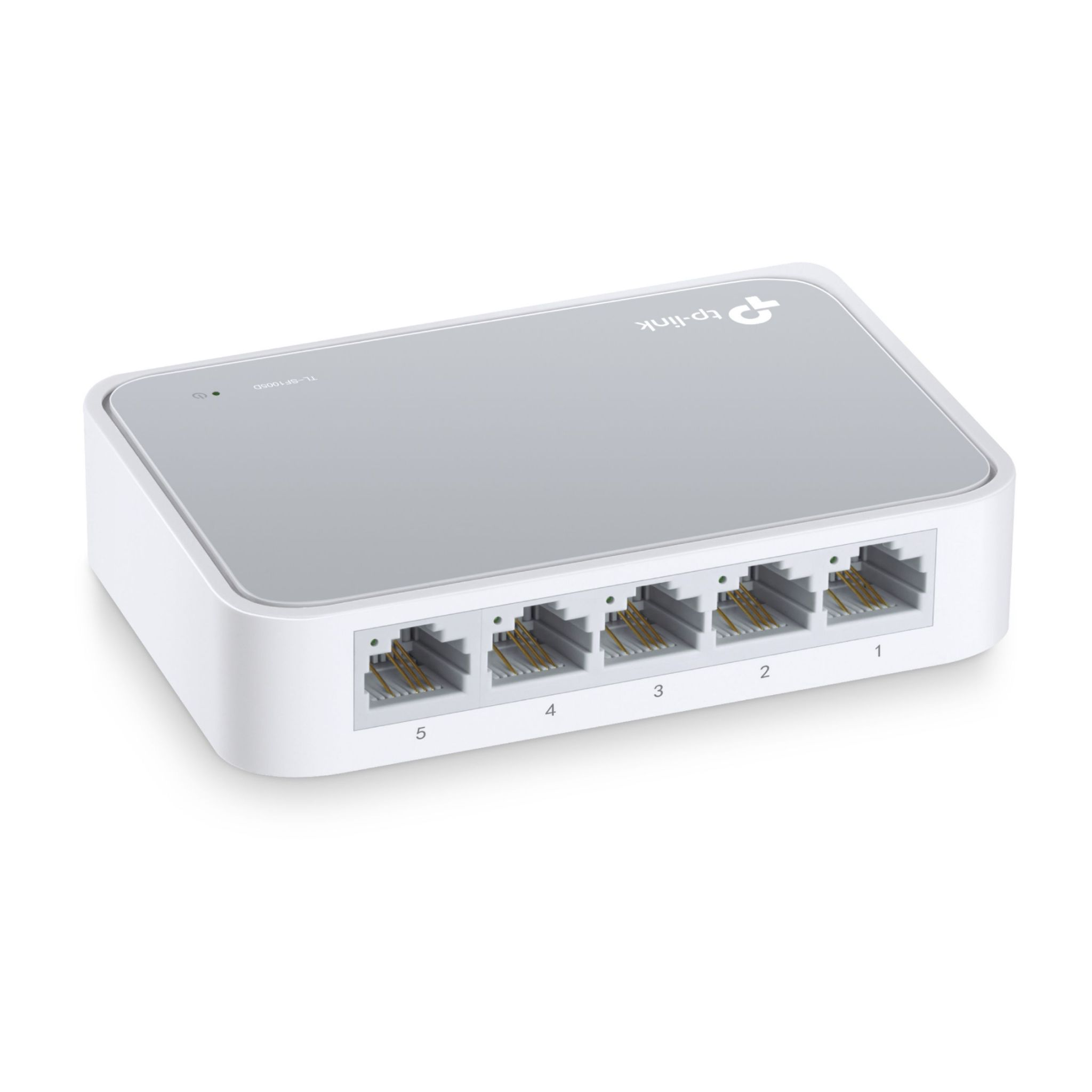 Witte netwerkswitch, poorten genummerd. Witte achtergrond, met het TP-Link-logo.