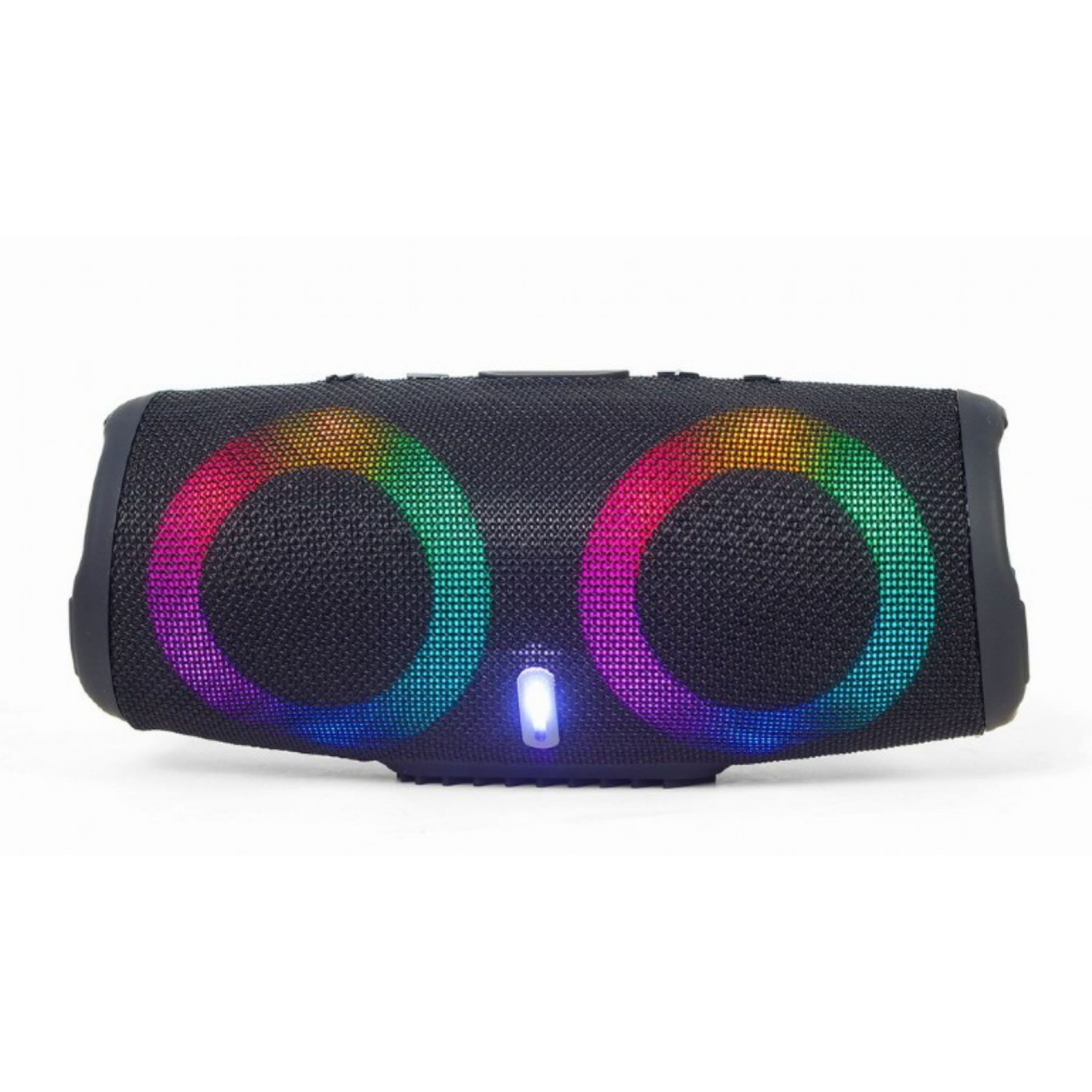 Zwarte luidspreker met kleurrijke LED-ringen op witte achtergrond.