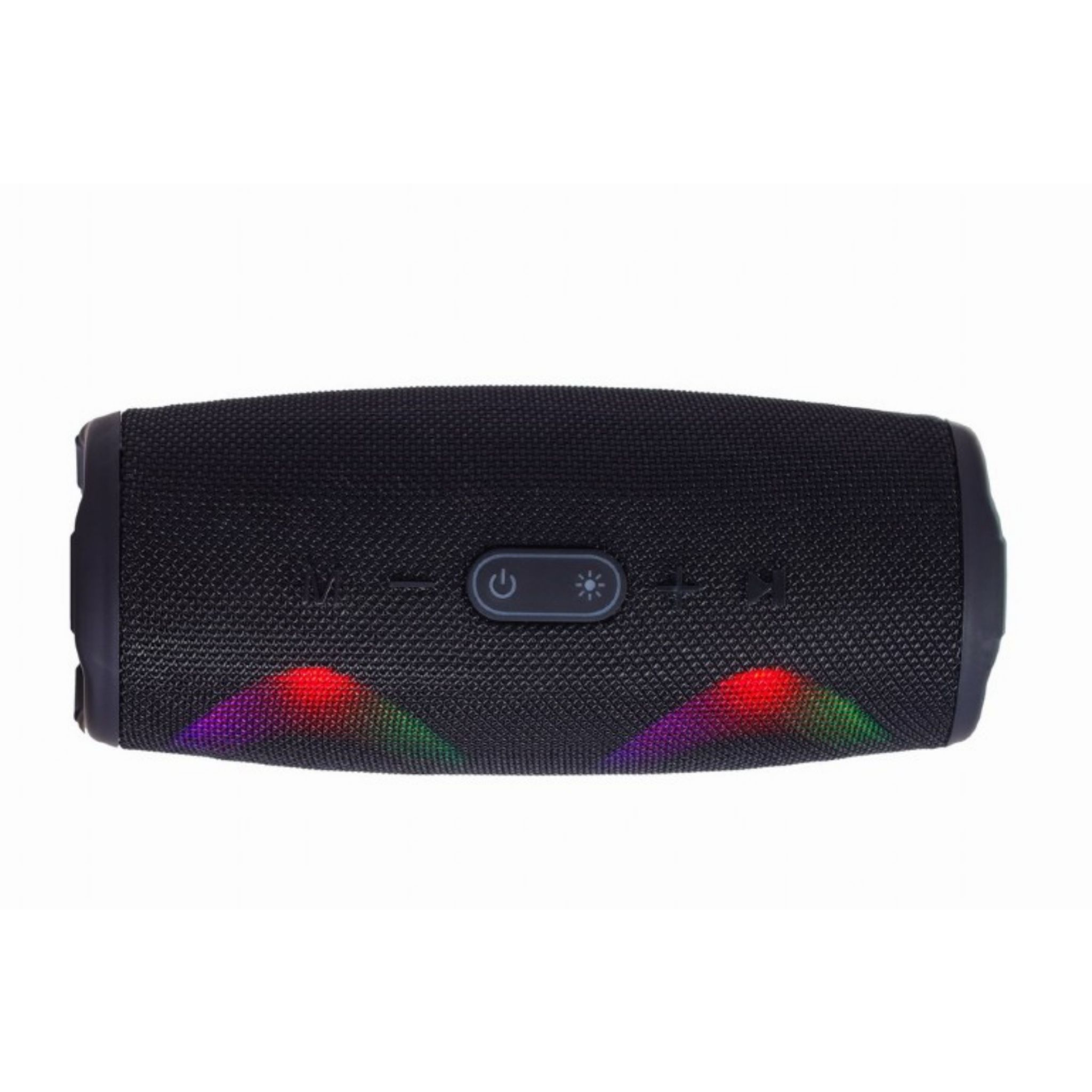 Zwarte JBL-luidspreker. Knoppen bovenop. Verlichting aan de zijkanten. Witte achtergrond.