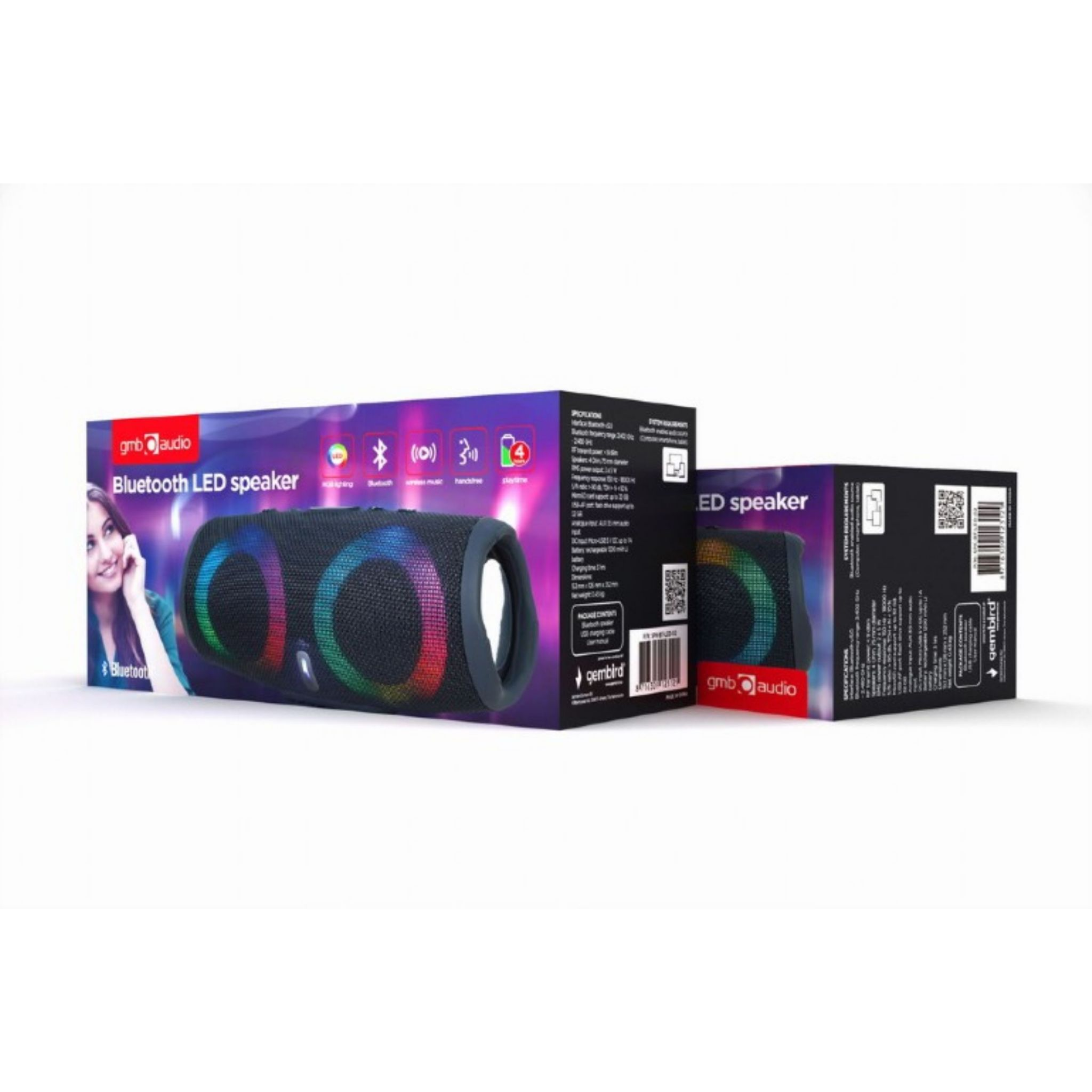 Bluetooth LED-luidspreker met regenbooglichten, zwarte behuizing en verpakking. Gembird audio logo zichtbaar.