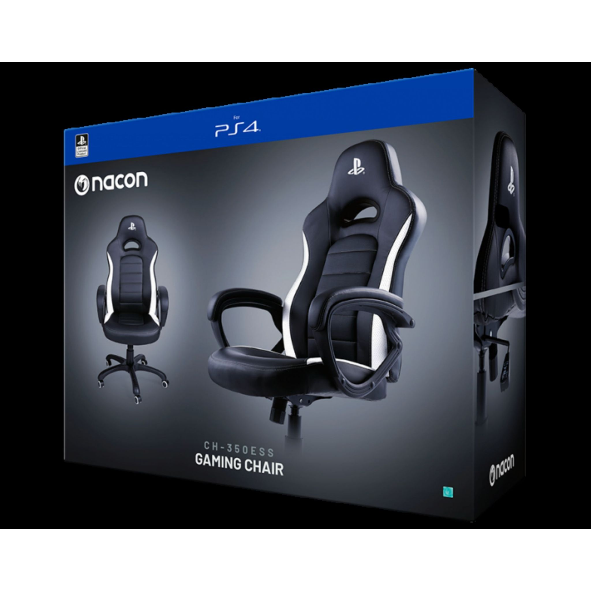 Gaming-Stuhl-Box, schwarzer und weißer Stuhl im Inneren. Der Stuhl hat eine Kopfstütze und eine Basis auf Rädern.