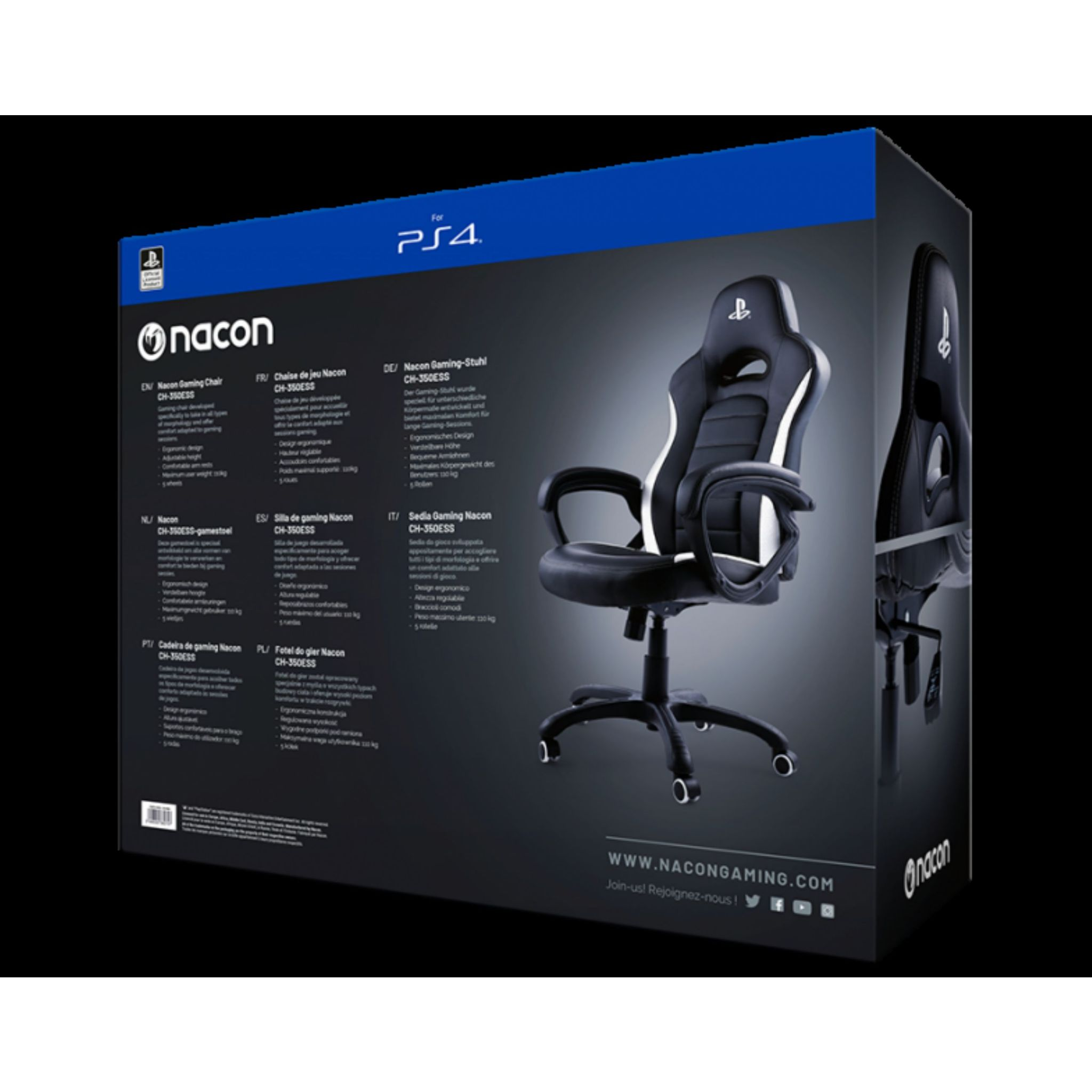 Die Rückseite einer Gaming-Stuhl-Box. Die Box zeigt ein Bild des Stuhls und Produktdetails.