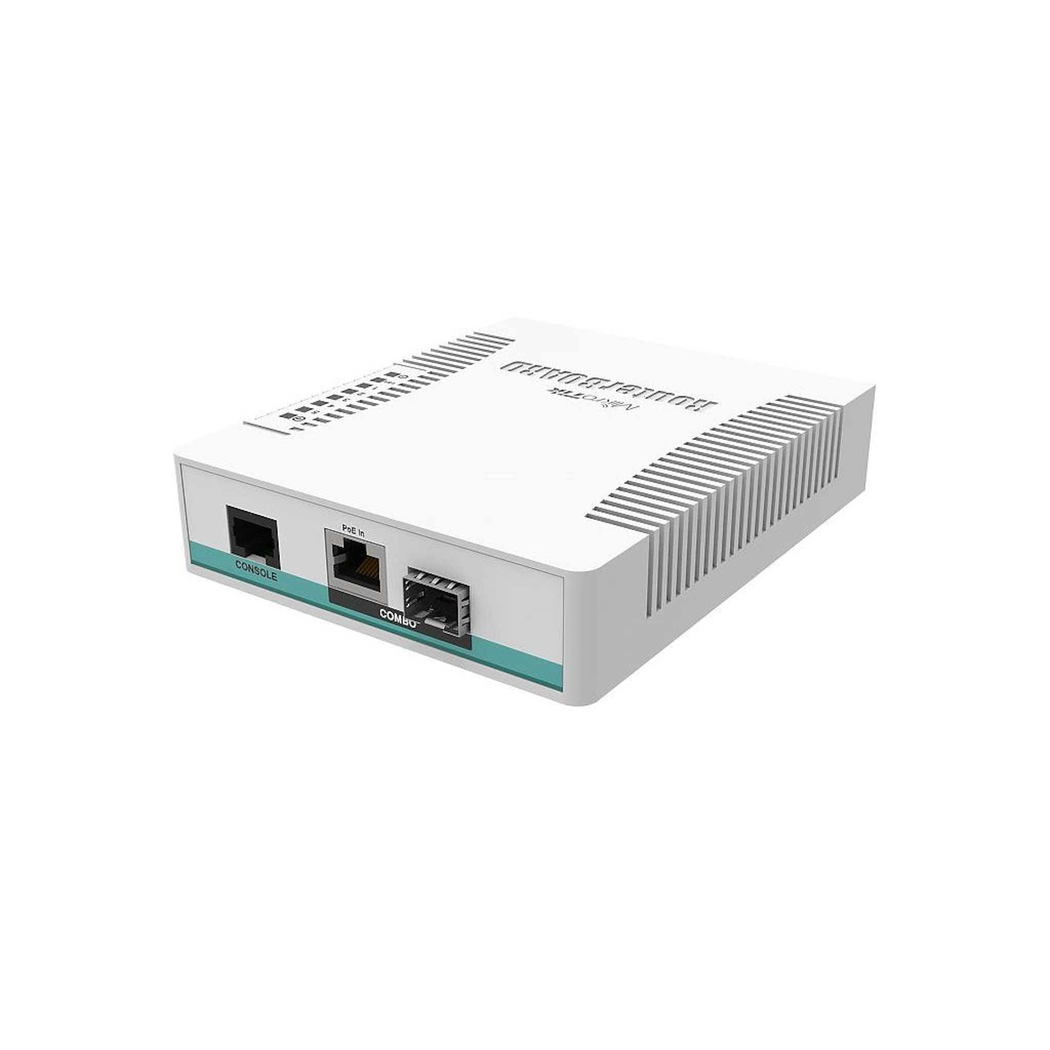 Biały router z kilkoma portami oznaczonymi z boku. Logo RouterBOARD jest widoczne na górze.