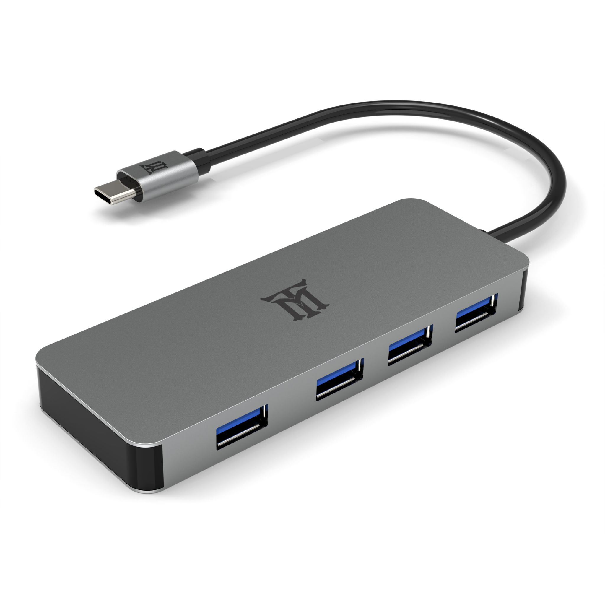 Concentrador USB-C gris con cuatro puertos USB y un cable. El logotipo es visible. Fondo blanco.