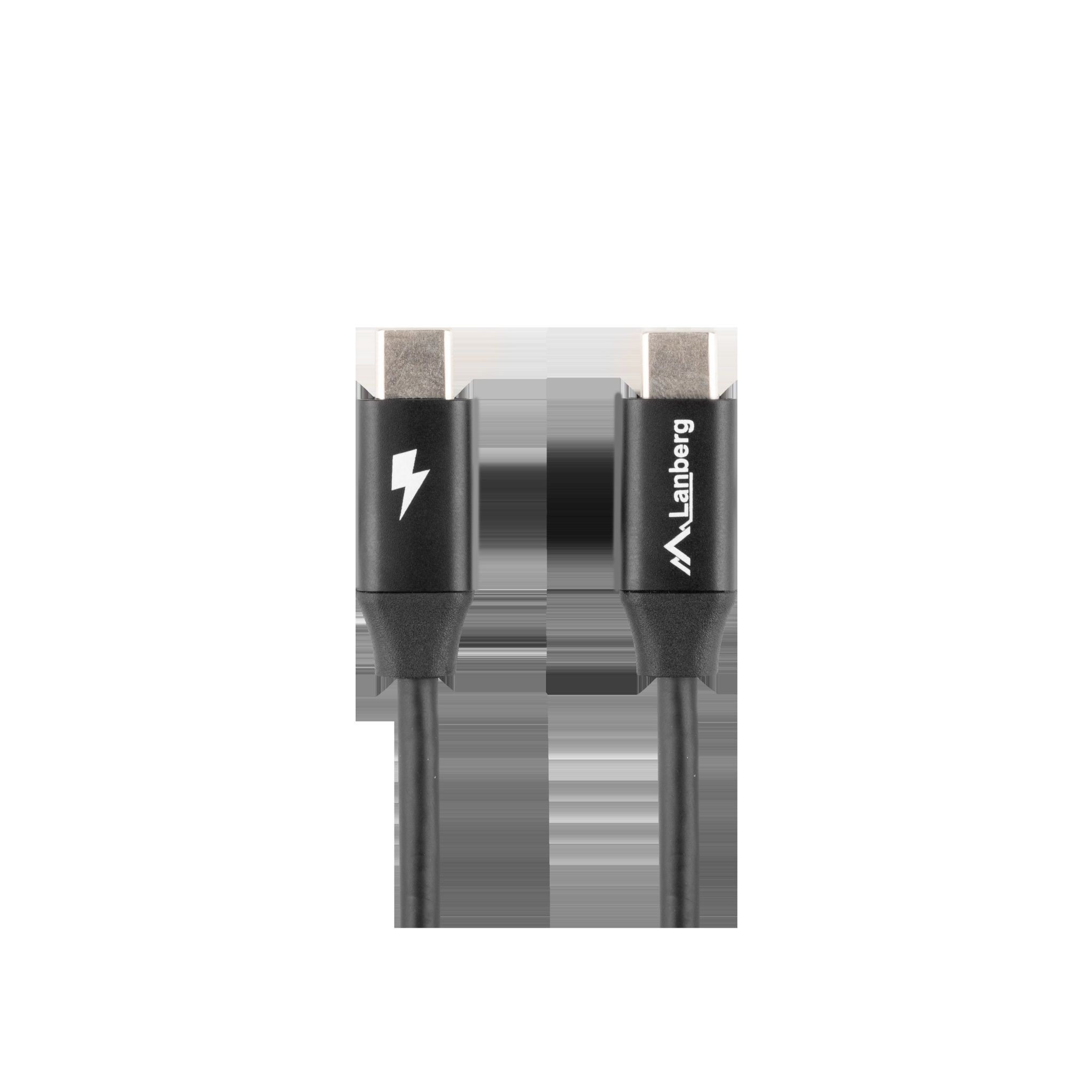 Czarny kabel USB-C z logo Lanberg i symbolem błyskawicy na białym tle.