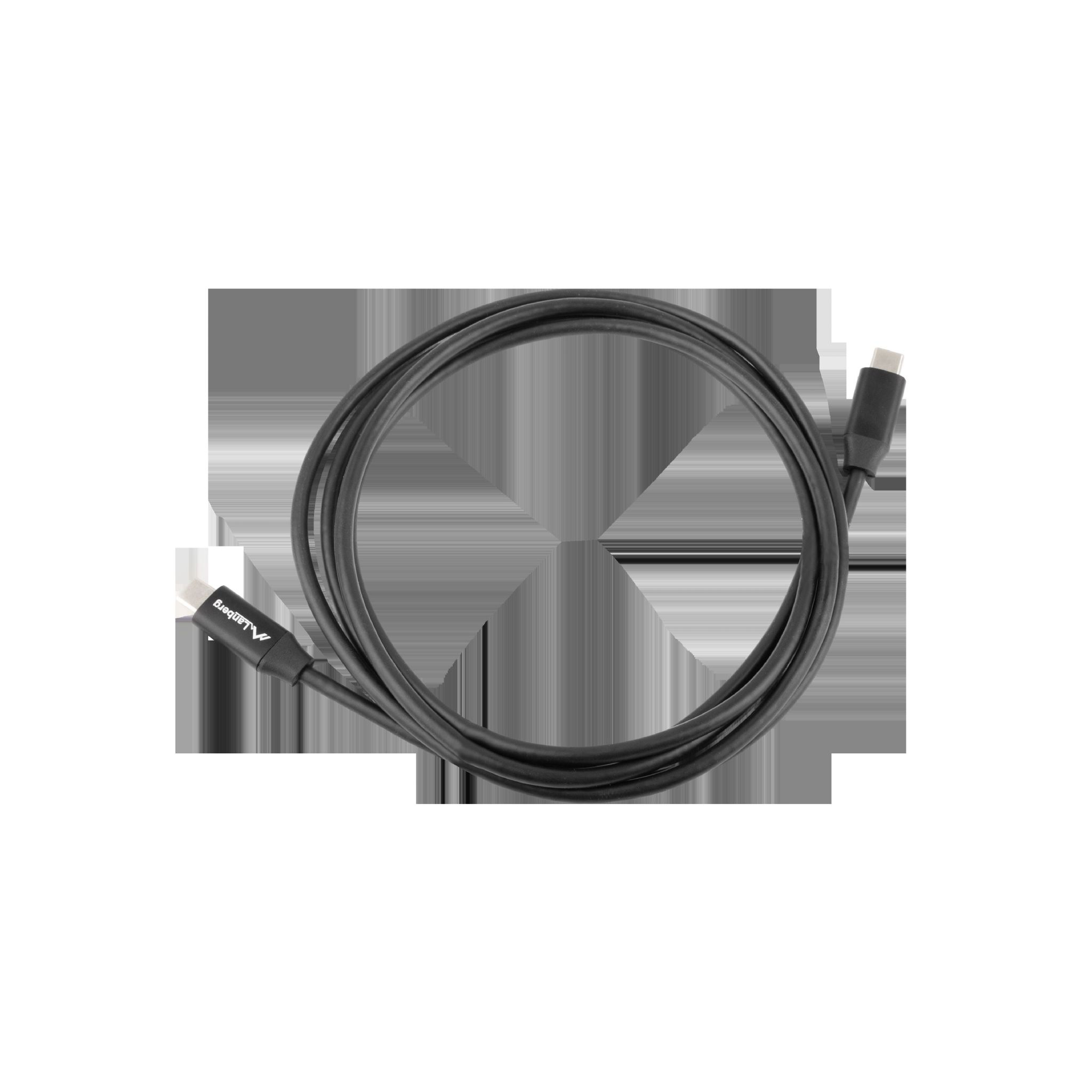 Czarny kabel USB-C, logo Lanberg na złączu, zwinięty na jasnoszarej powierzchni.