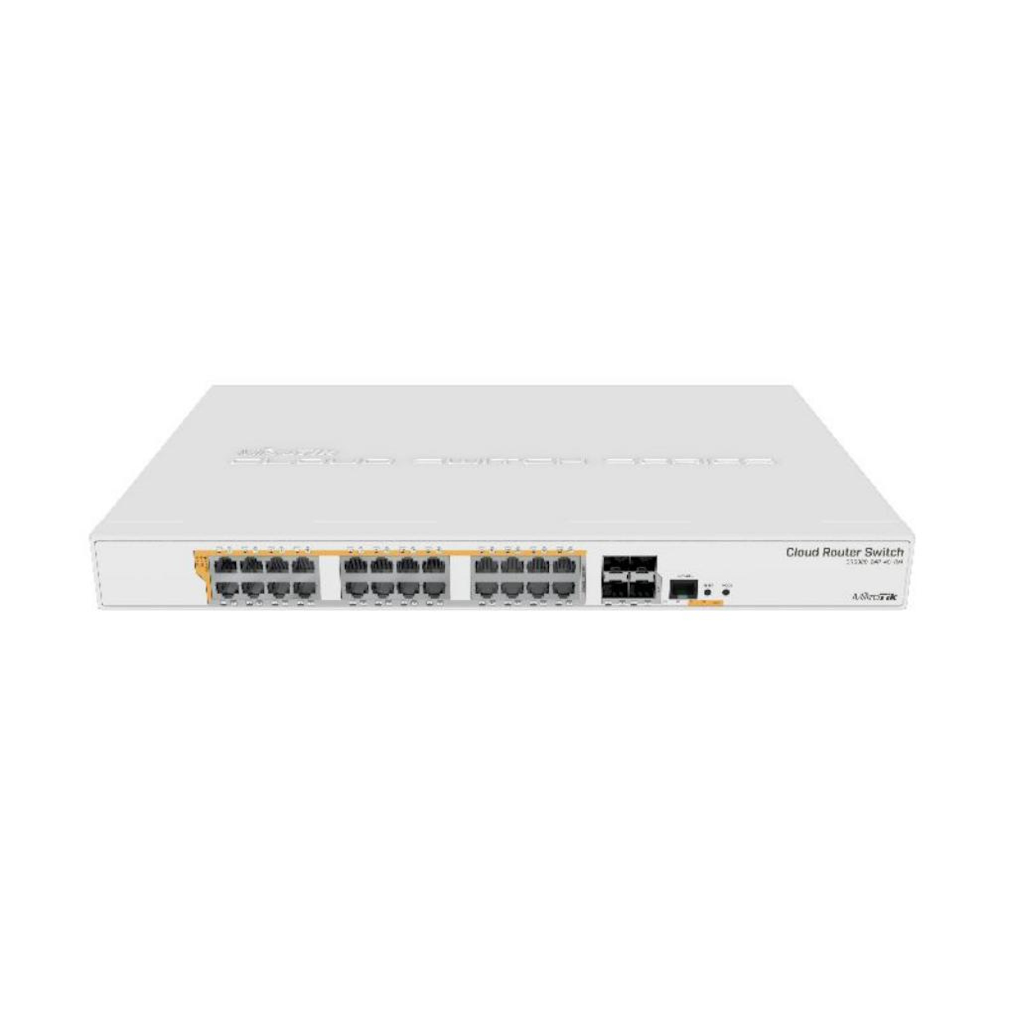 Cloud Router Switch blanco con múltiples puertos y varios puertos de conexión.