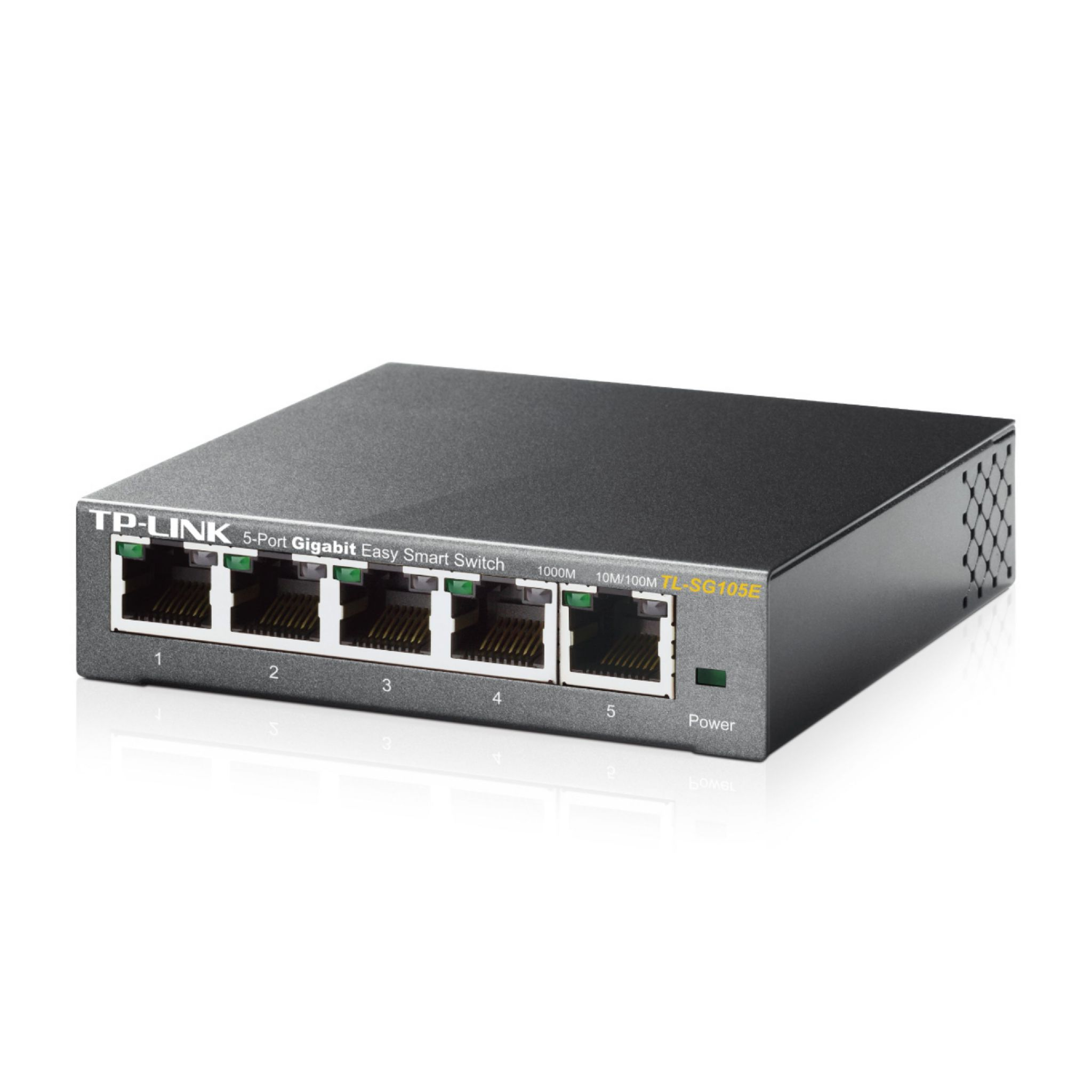 TP-Link 5-Port Gigabit Easy Smart Switch, schwarz, mit beschrifteten Anschlüssen und Kontrollleuchte.