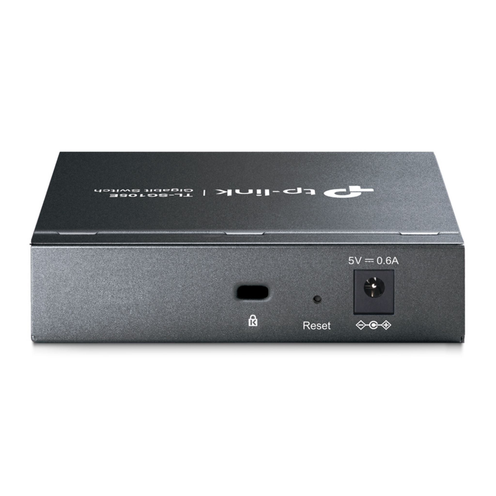Schwarzer TP-Link Gigabit Switch. Er hat einen Stromanschluss, eine Reset-Taste und ein Schlosssymbol.