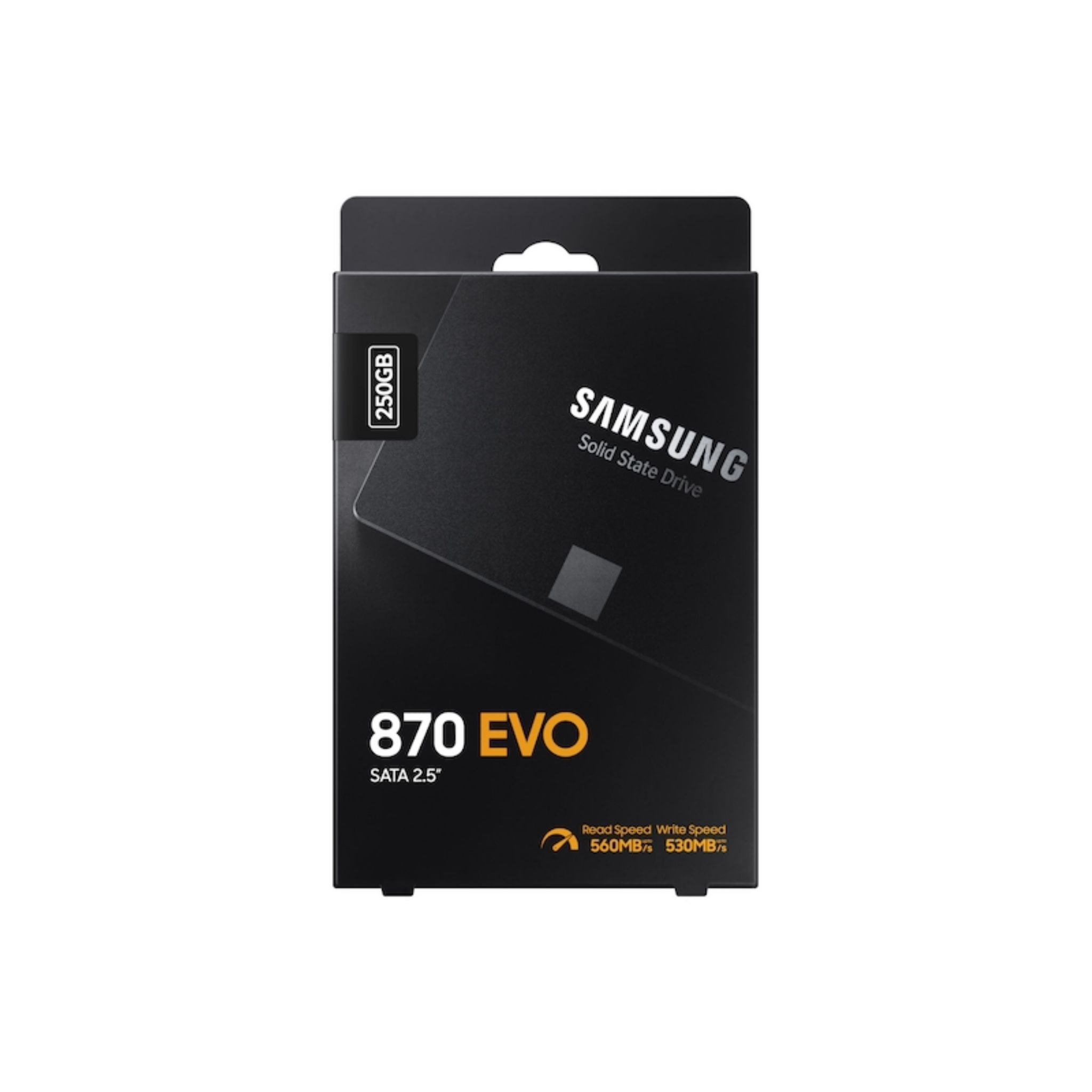Czarne pudełko dysku SSD z białym tekstem i logo. Na pudełku napis 250 GB i 870 EVO SATA 2.5.
