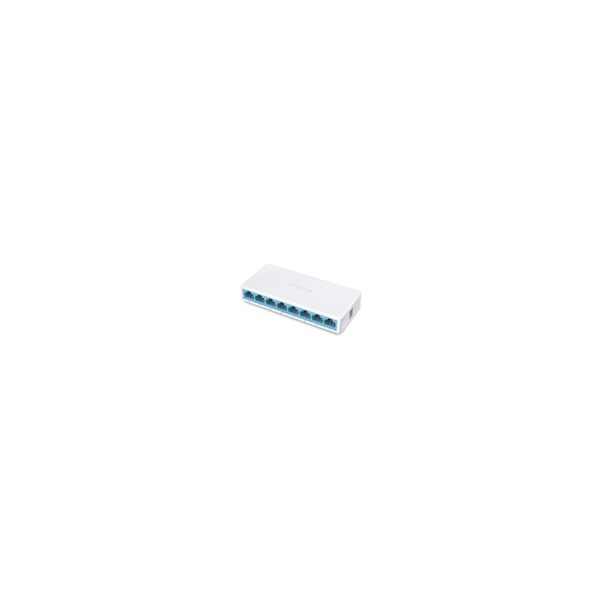 Switch de red blanco con varios puertos Ethernet azules.