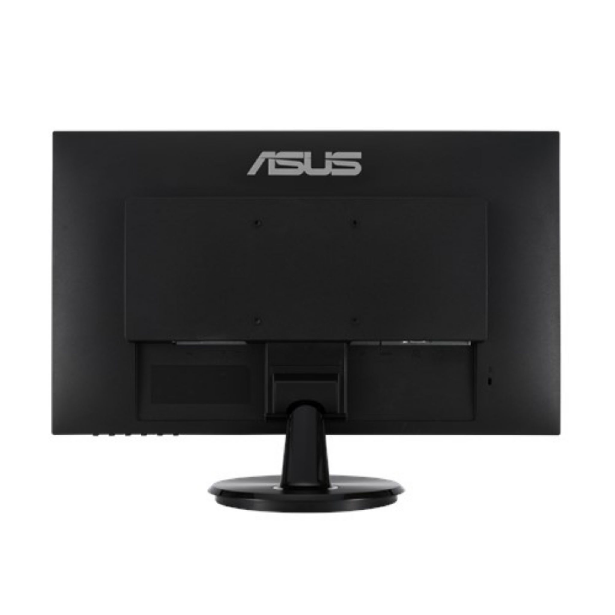Retro di un monitor per computer ASUS nero. Presenta un supporto e porte. Superficie nera. Sfondo bianco.