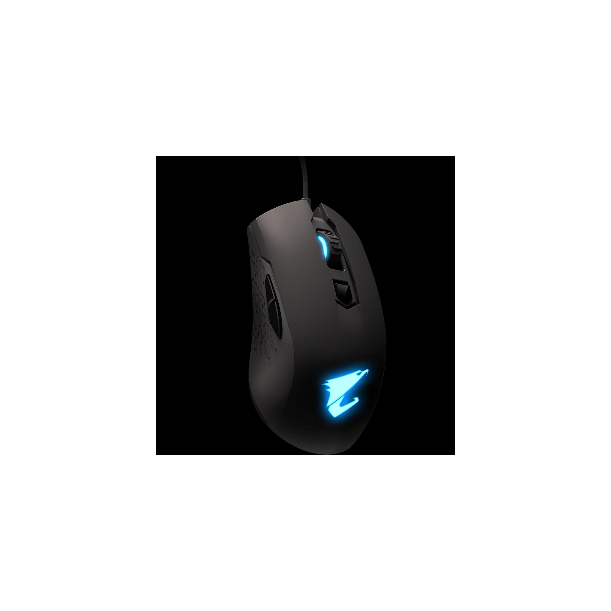 Ratón gaming negro con luces LED azules. Tiene botones laterales y un logotipo.